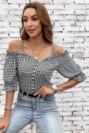 Sexy Sweet Plaid Button Detail Sweetheart Neck Frill Trim Off Cold-Shoulder Top