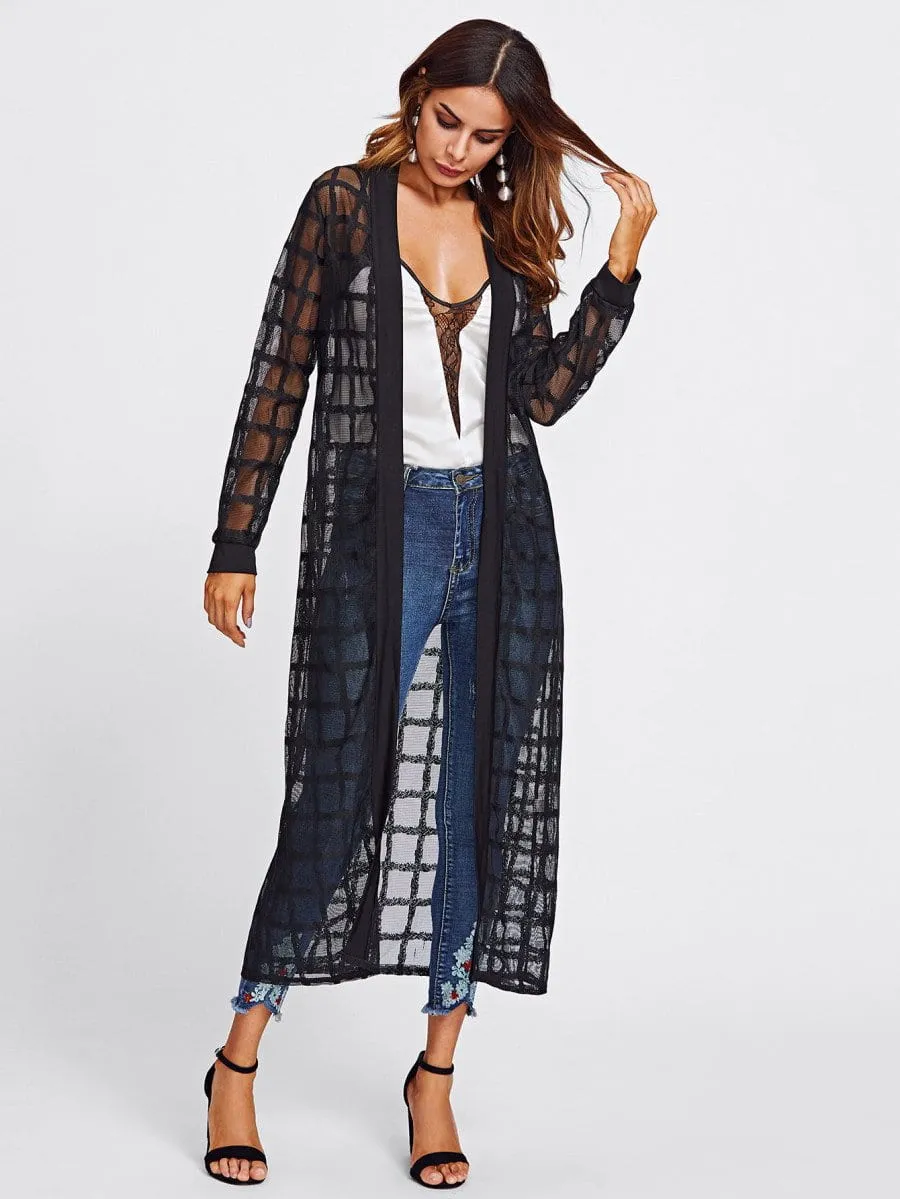 Sheer plaid long cover up kimono jacket