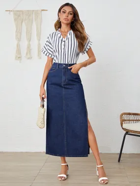 SHEIN LUNE Solid Split Thigh Denim Skirt