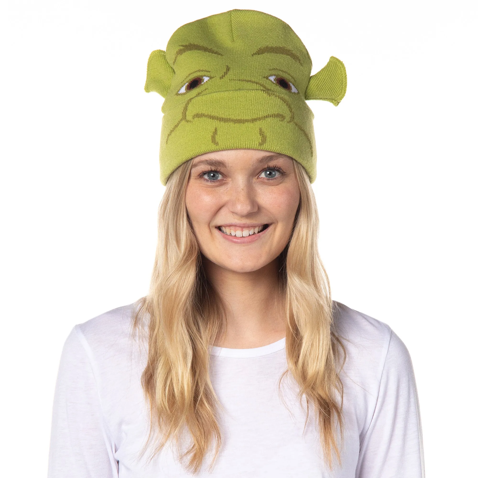 Shrek Costume Beanie Green Ogre Character Face Cuff Knit Beanie Hat w/ 3D Ears