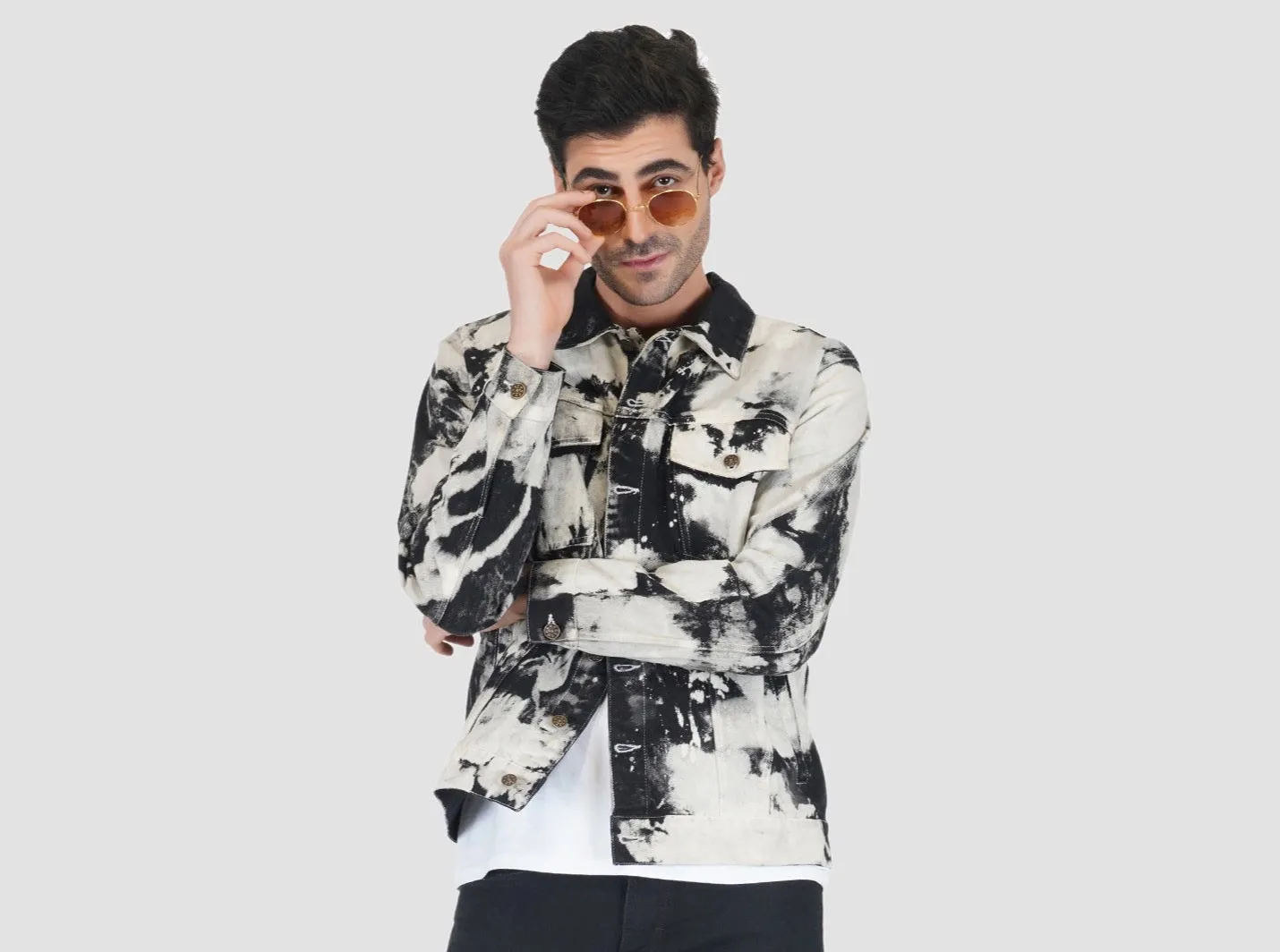 SLAY. Men's White & Black Tie Dye Button-Down Ripped Denim Jacket