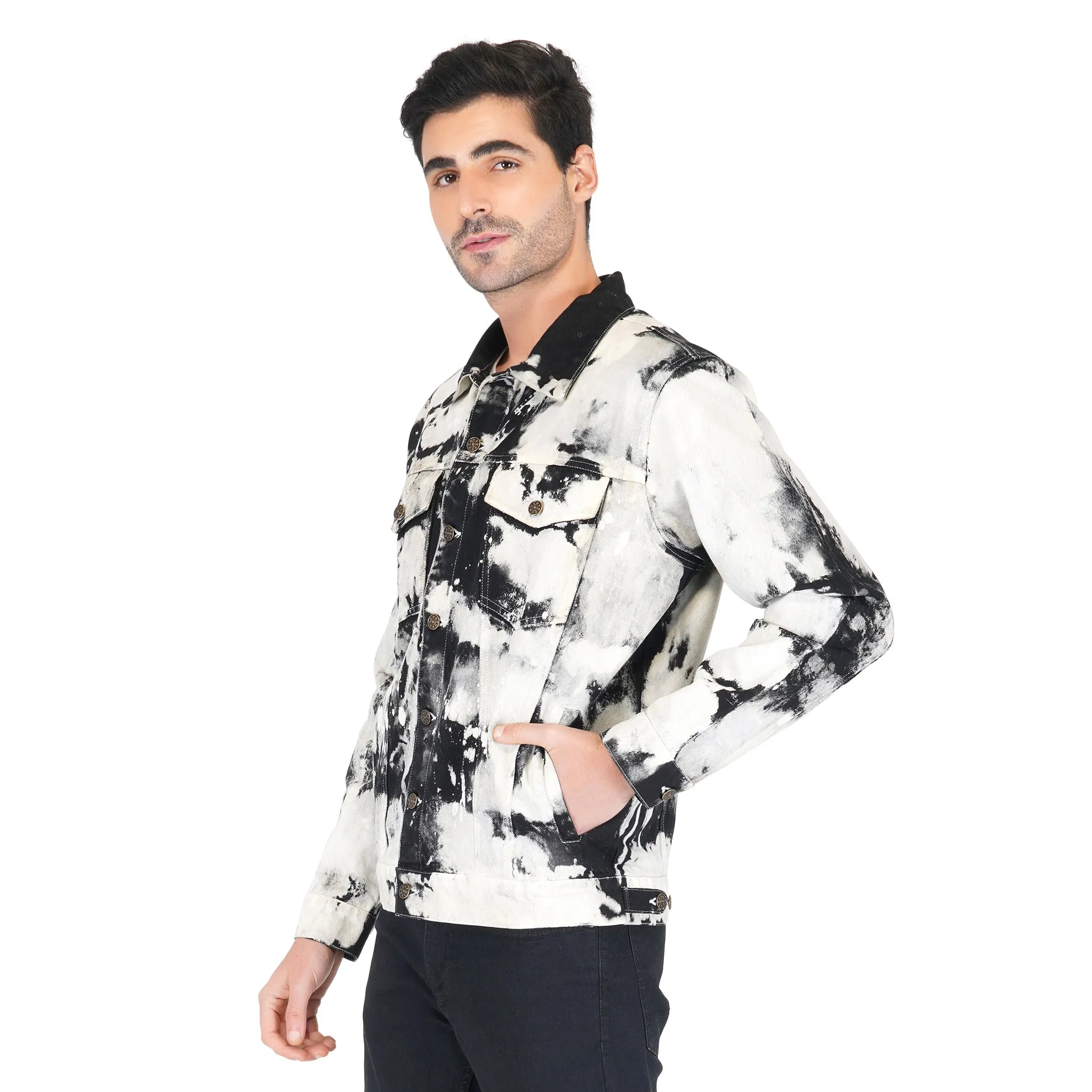 SLAY. Men's White & Black Tie Dye Button-Down Ripped Denim Jacket