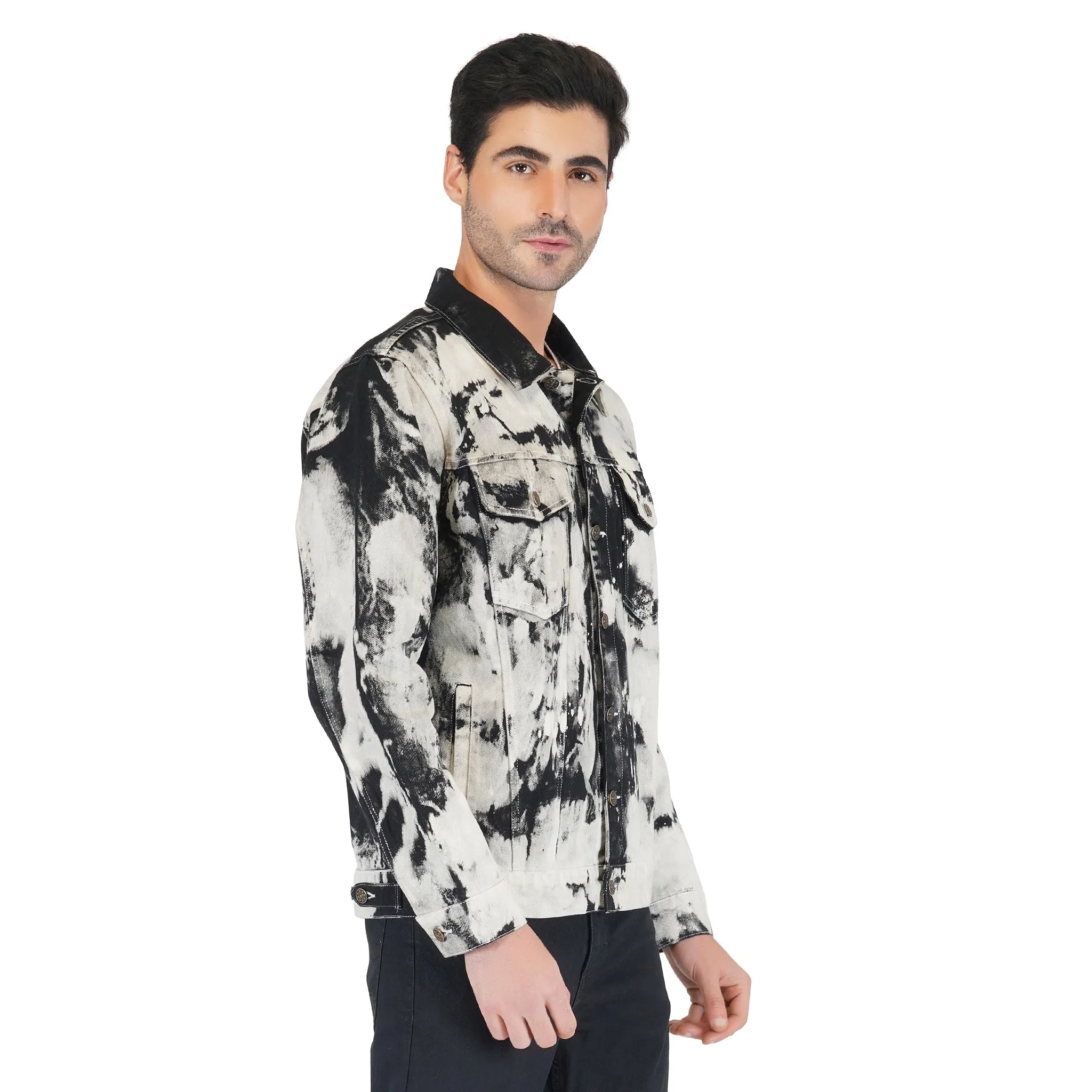 SLAY. Men's White & Black Tie Dye Button-Down Ripped Denim Jacket