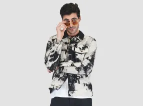 SLAY. Men's White & Black Tie Dye Button-Down Ripped Denim Jacket