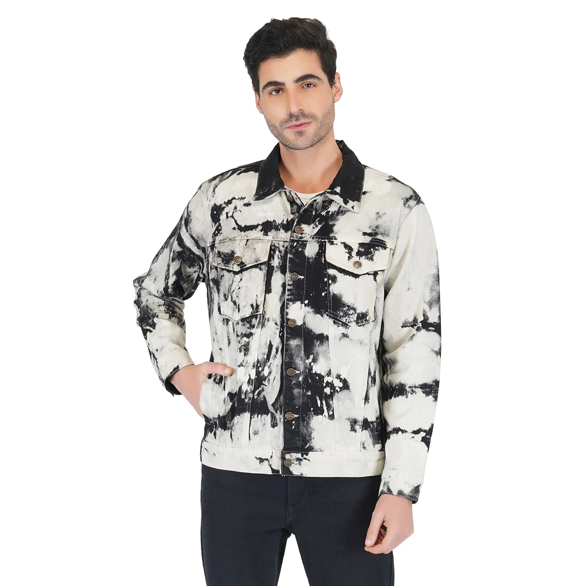 SLAY. Men's White & Black Tie Dye Button-Down Ripped Denim Jacket