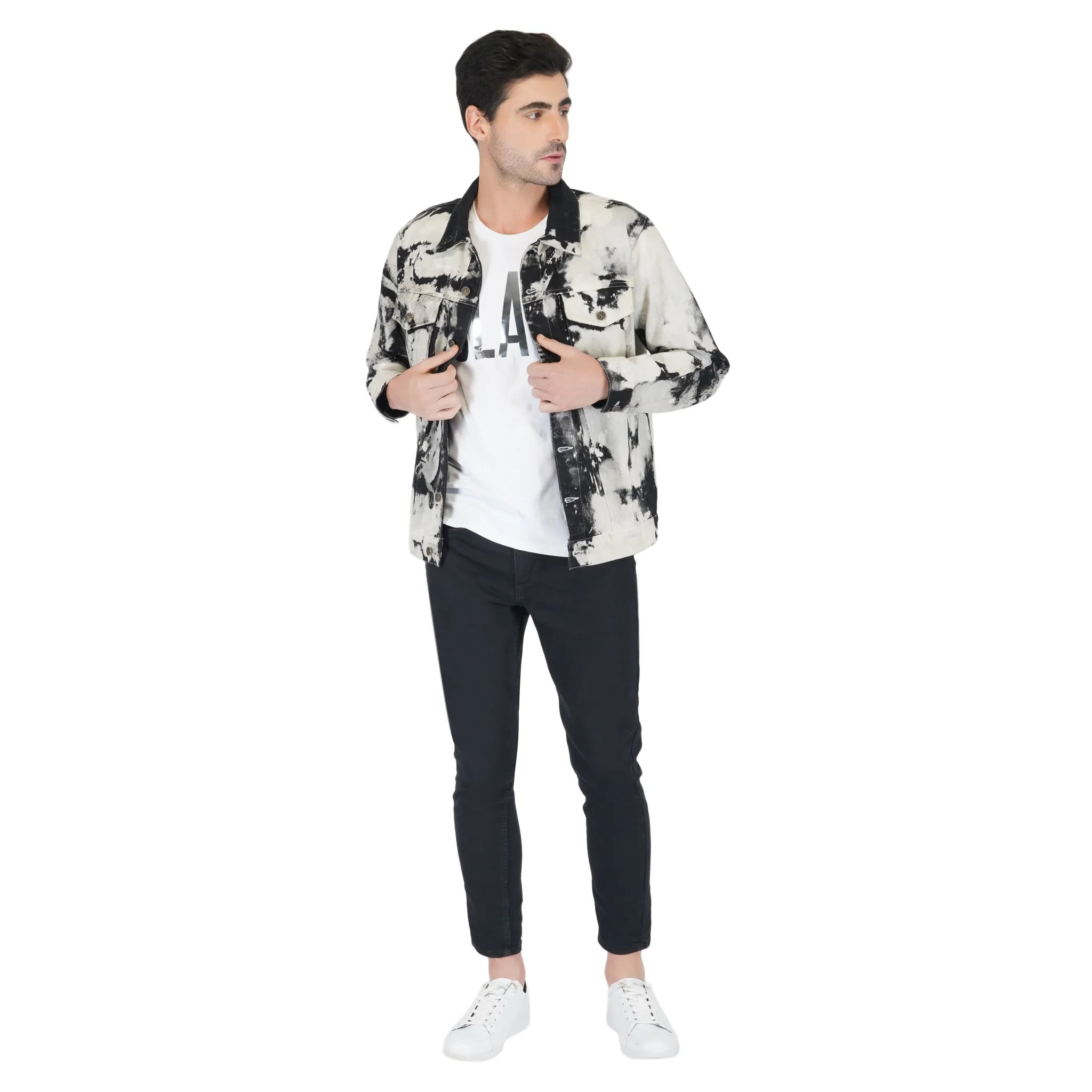 SLAY. Men's White & Black Tie Dye Button-Down Ripped Denim Jacket