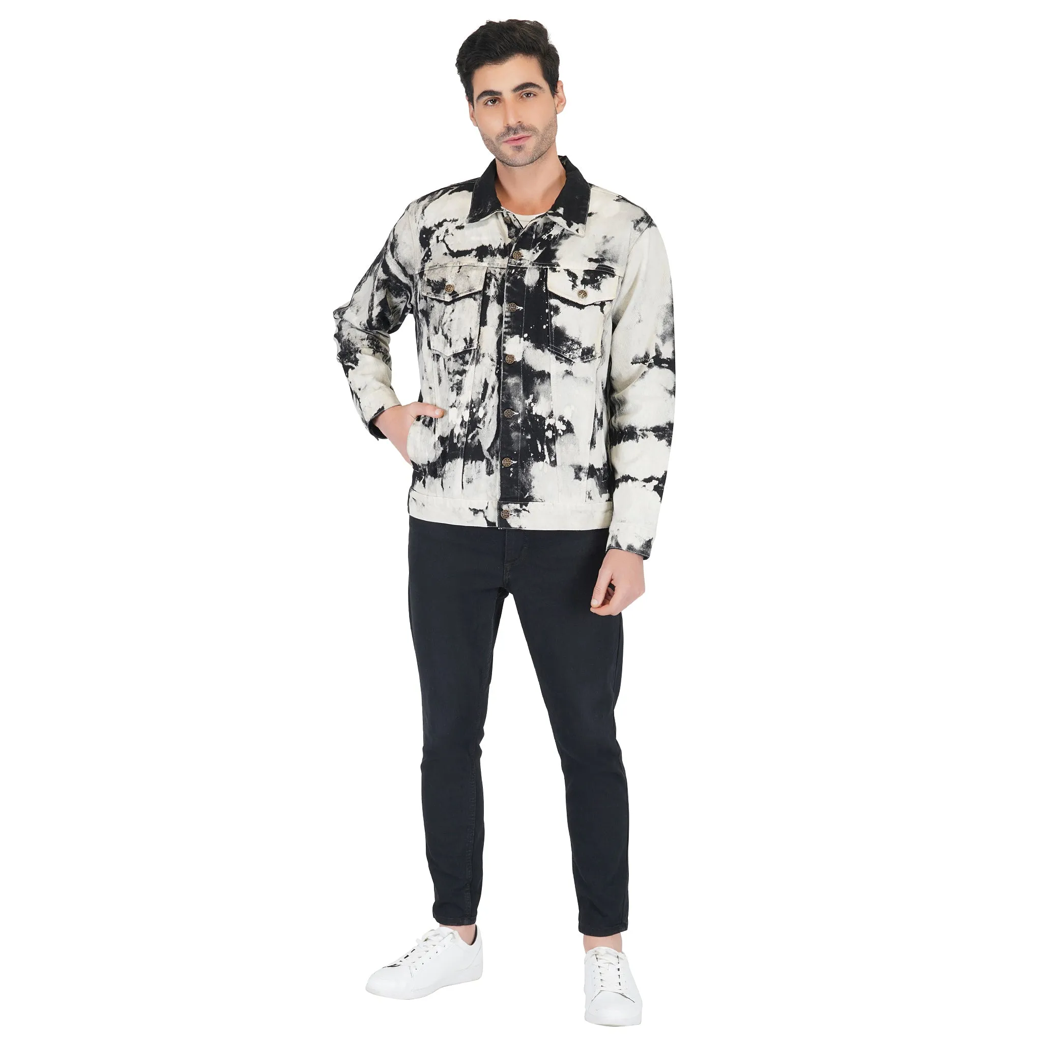 SLAY. Men's White & Black Tie Dye Button-Down Ripped Denim Jacket