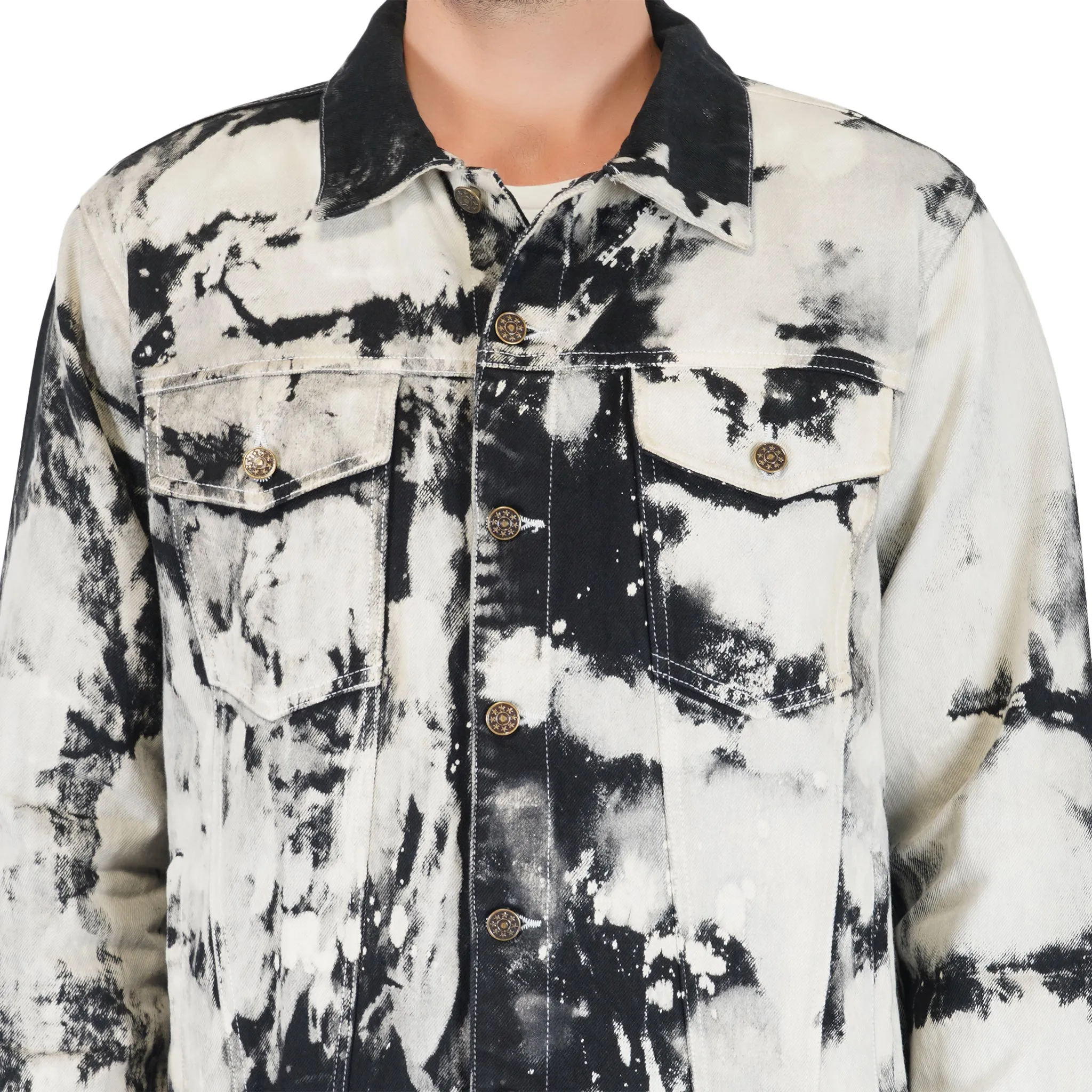 SLAY. Men's White & Black Tie Dye Button-Down Ripped Denim Jacket