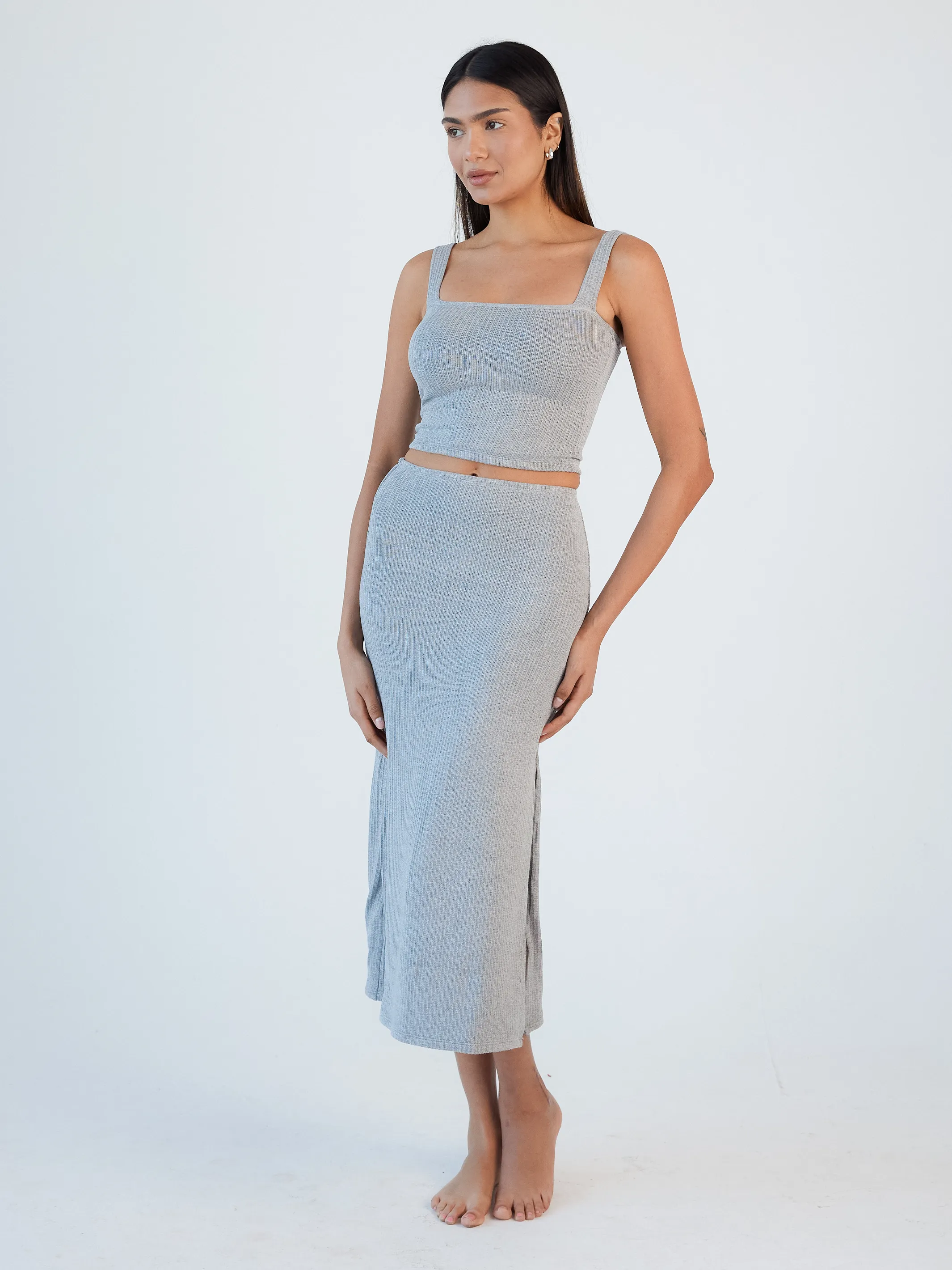 Soft Ribbed Knit Lounge Midi Skirt