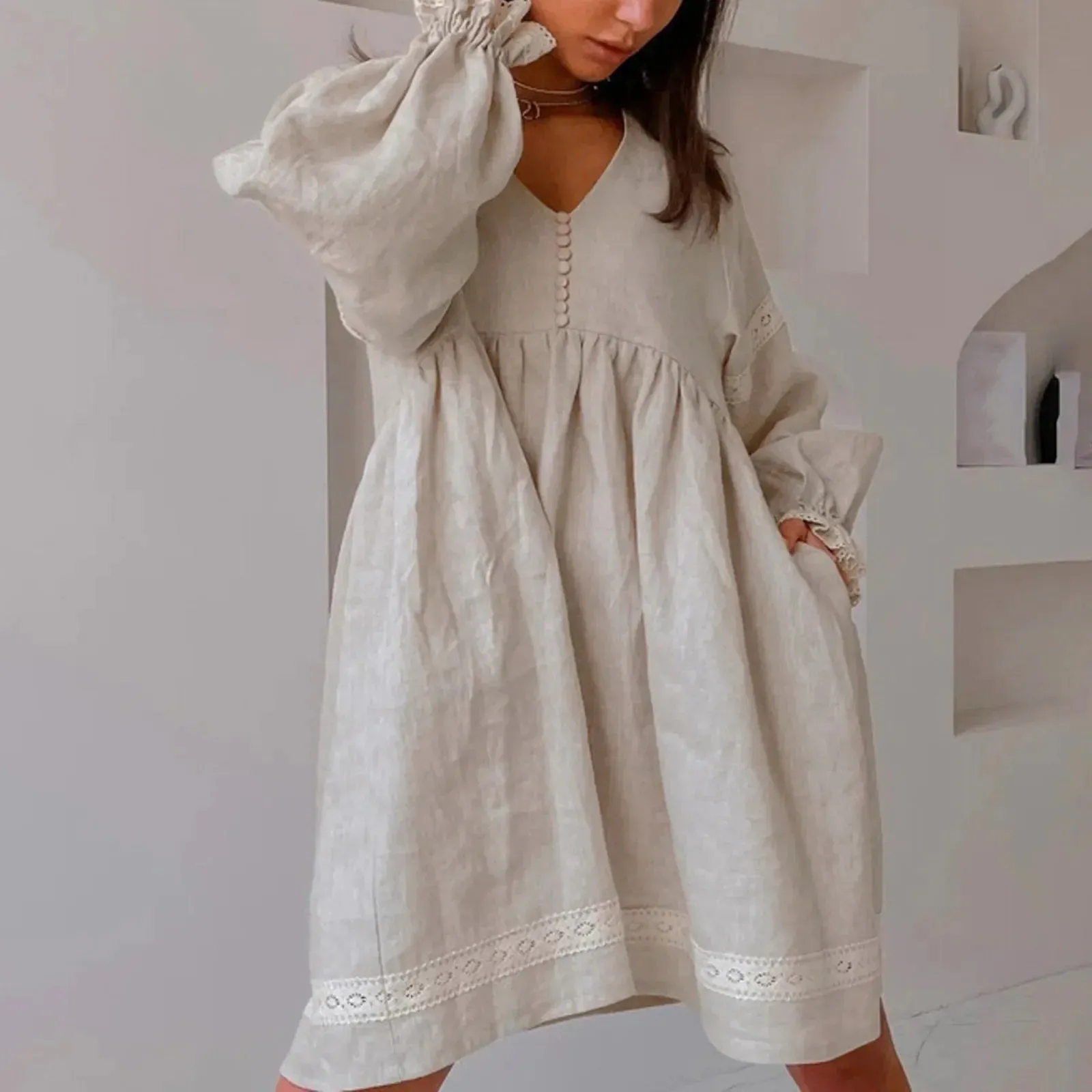 Solid Color Long Sleeve V Neck Cotton Linen Lace Trim Boho Midi Spring Dress