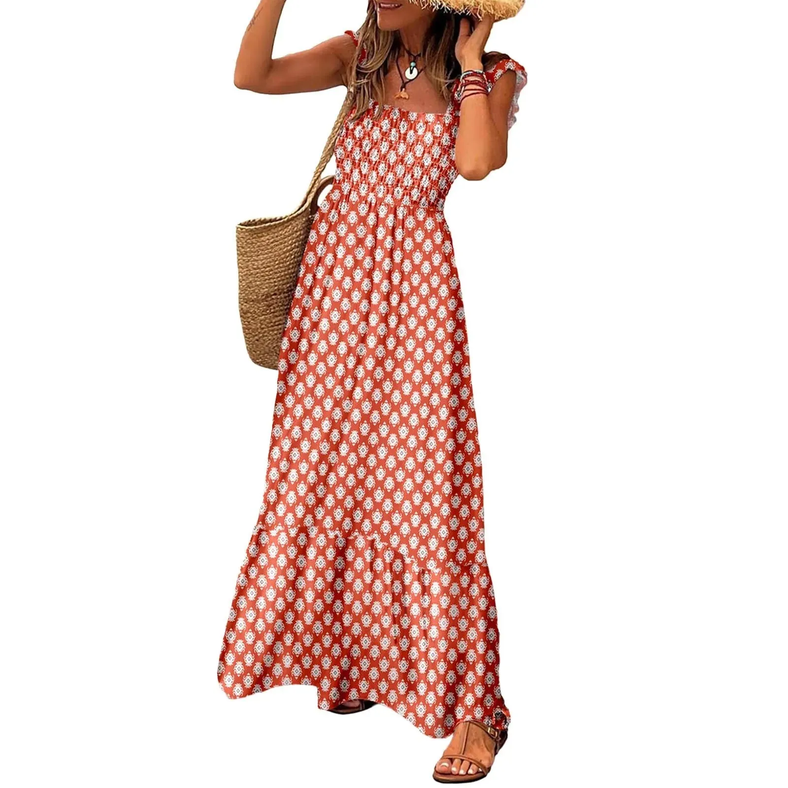 Spaghetti Strap Square Neck Ruffle Beach Sun Bohemian Holiday Boho Dress for Women