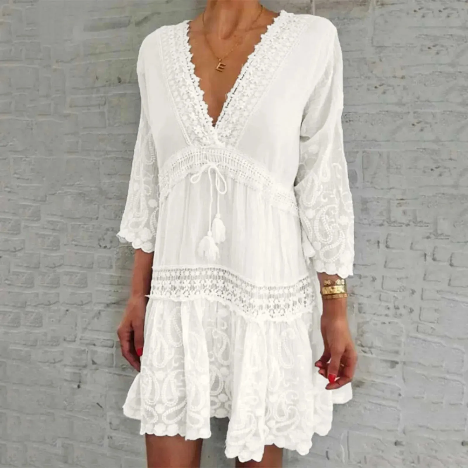 Spaghetti Strap Summer Lace Up Trumpet Short Bohemian Solid Ruffles Hem Beach Holiday 2024 Casual Sexy Dress