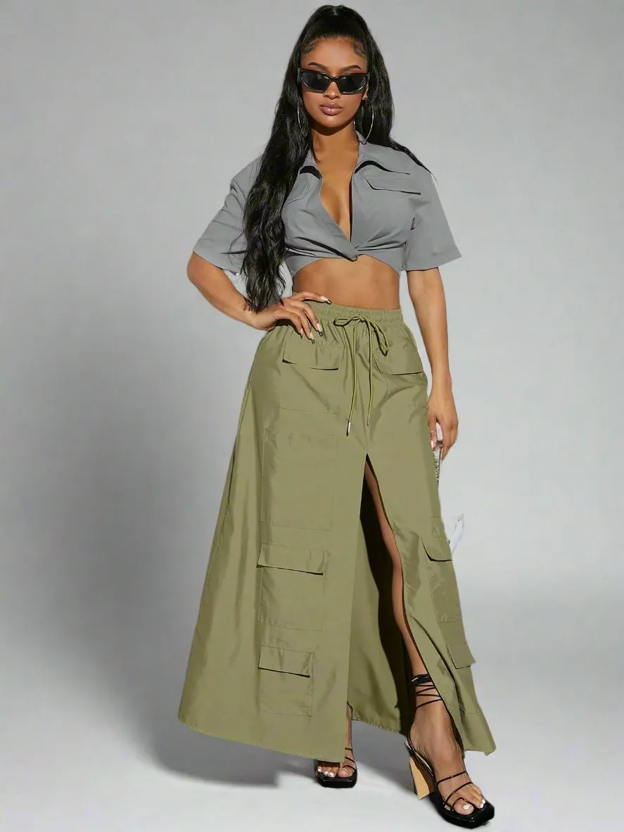 Split Thigh Drawstring Waist Cargo Skirt