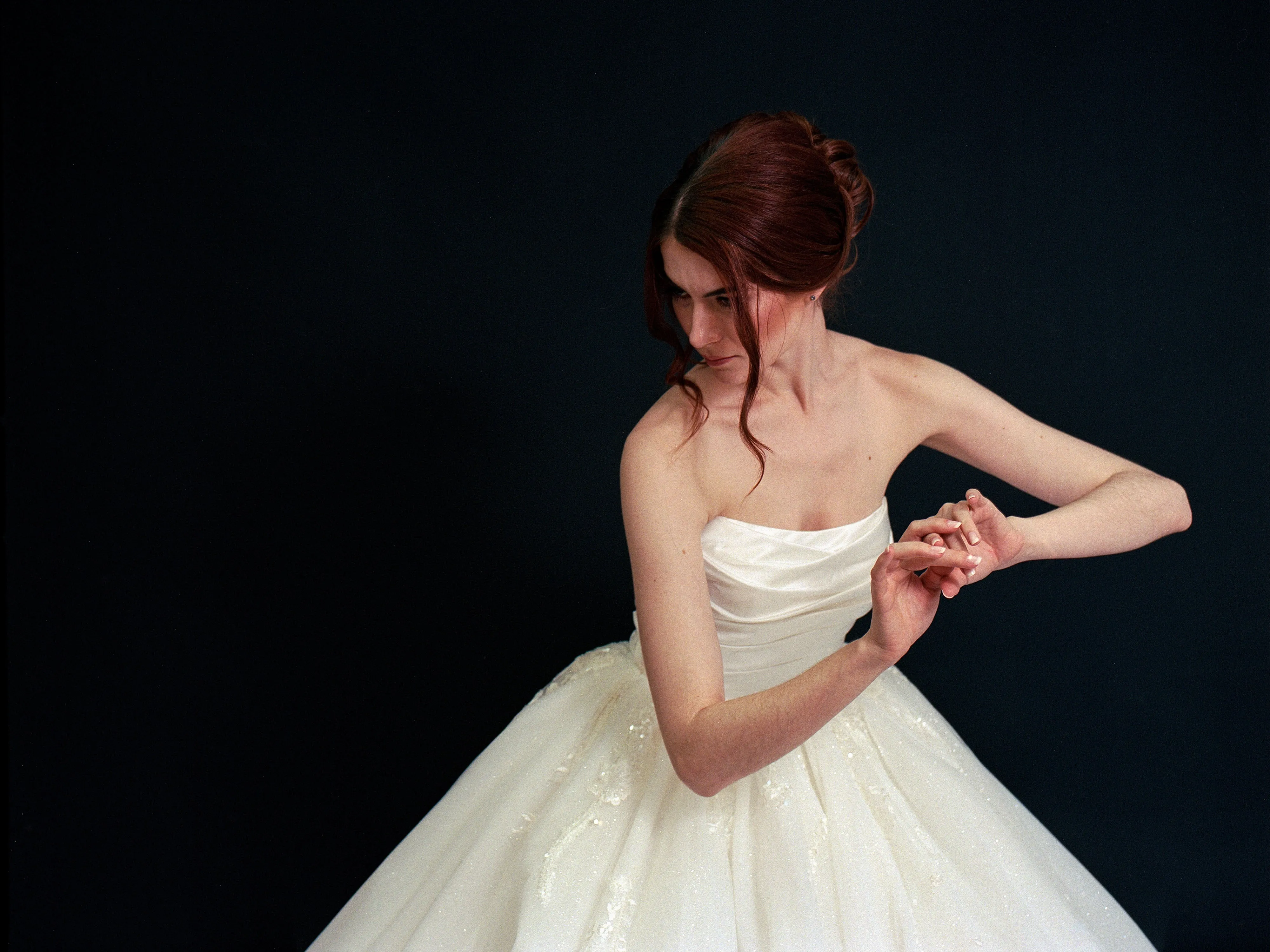 Style E2404 - Strapless Lux Satin Pleated Upper Bodice Embroidered Lace glittering tulle ballgown princess wedding dress