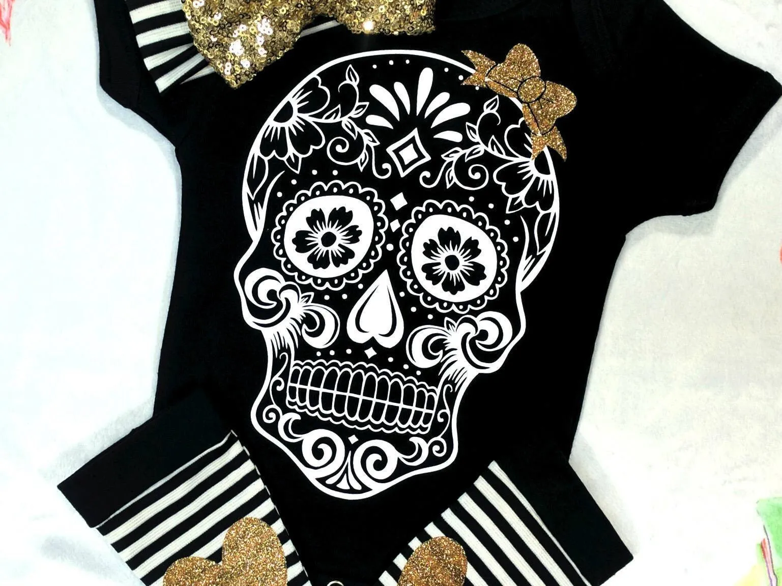 Sugar Skull Baby Outfit,Skull Bodysuit   Baby Leg Warmers with Heart Knee Patches & Gold Sequin Bow Band,Goth Baby