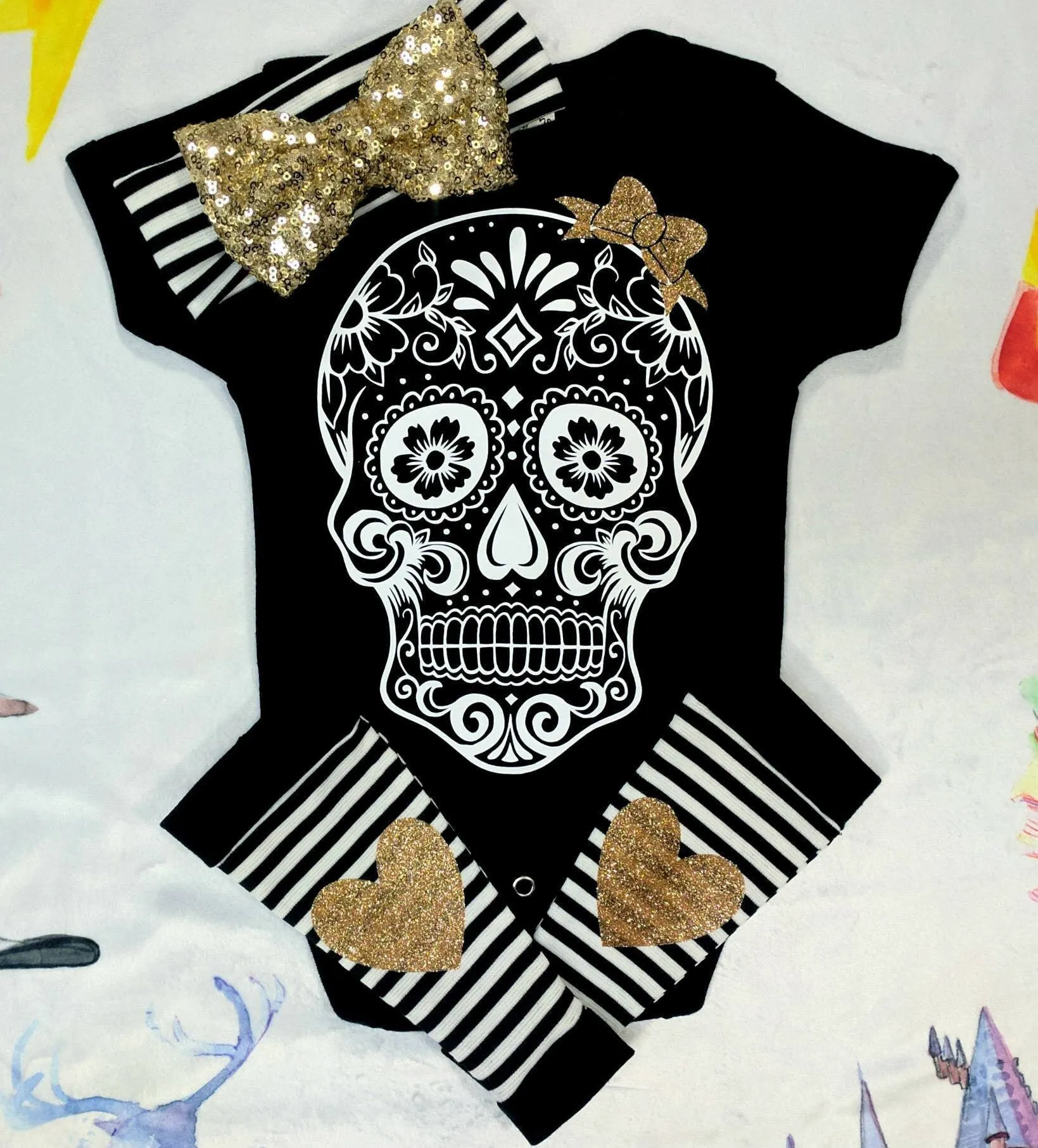 Sugar Skull Baby Outfit,Skull Bodysuit   Baby Leg Warmers with Heart Knee Patches & Gold Sequin Bow Band,Goth Baby