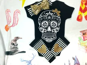 Sugar Skull Baby Outfit,Skull Bodysuit   Baby Leg Warmers with Heart Knee Patches & Gold Sequin Bow Band,Goth Baby