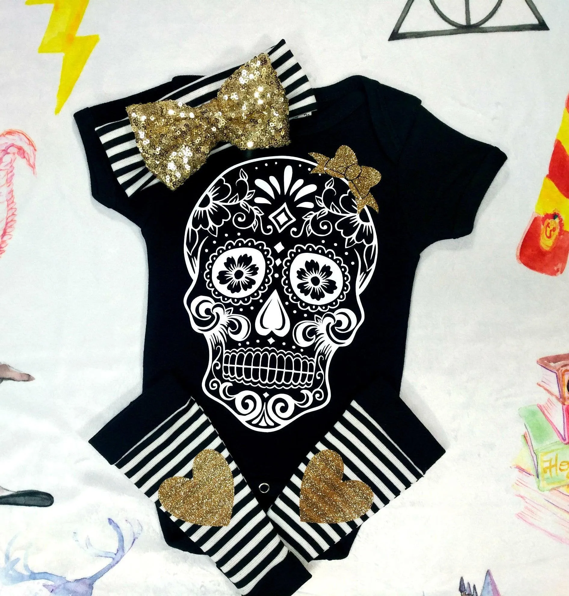 Sugar Skull Baby Outfit,Skull Bodysuit   Baby Leg Warmers with Heart Knee Patches & Gold Sequin Bow Band,Goth Baby