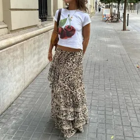 Summer New Leopard Printed Maxi Skirt Women's Ruffled Patchwork Fashion Loose High Waist Bandage Female Club Party Skirt