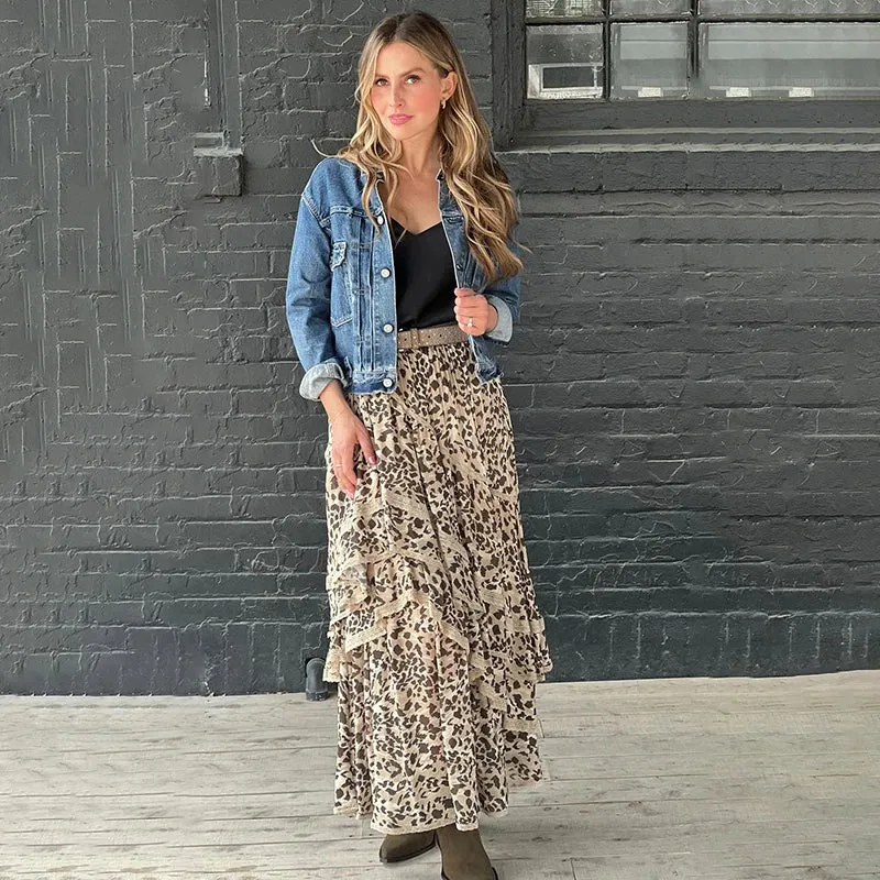 Summer New Leopard Printed Maxi Skirt Women's Ruffled Patchwork Fashion Loose High Waist Bandage Female Club Party Skirt