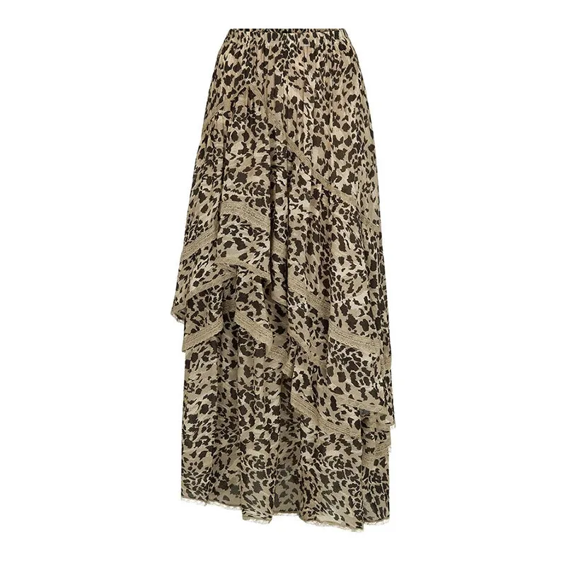 Summer New Leopard Printed Maxi Skirt Women's Ruffled Patchwork Fashion Loose High Waist Bandage Female Club Party Skirt