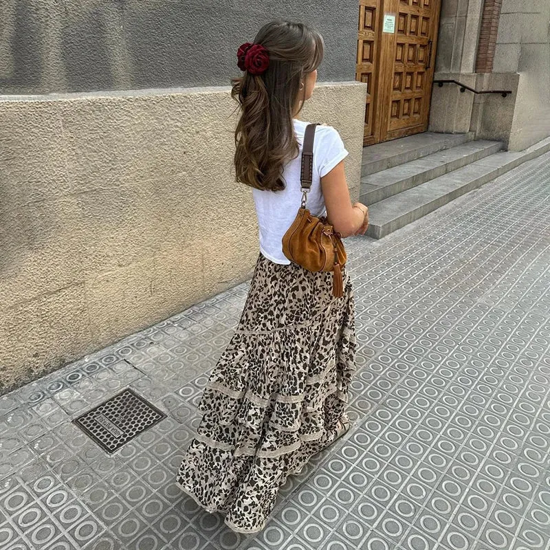 Summer New Leopard Printed Maxi Skirt Women's Ruffled Patchwork Fashion Loose High Waist Bandage Female Club Party Skirt