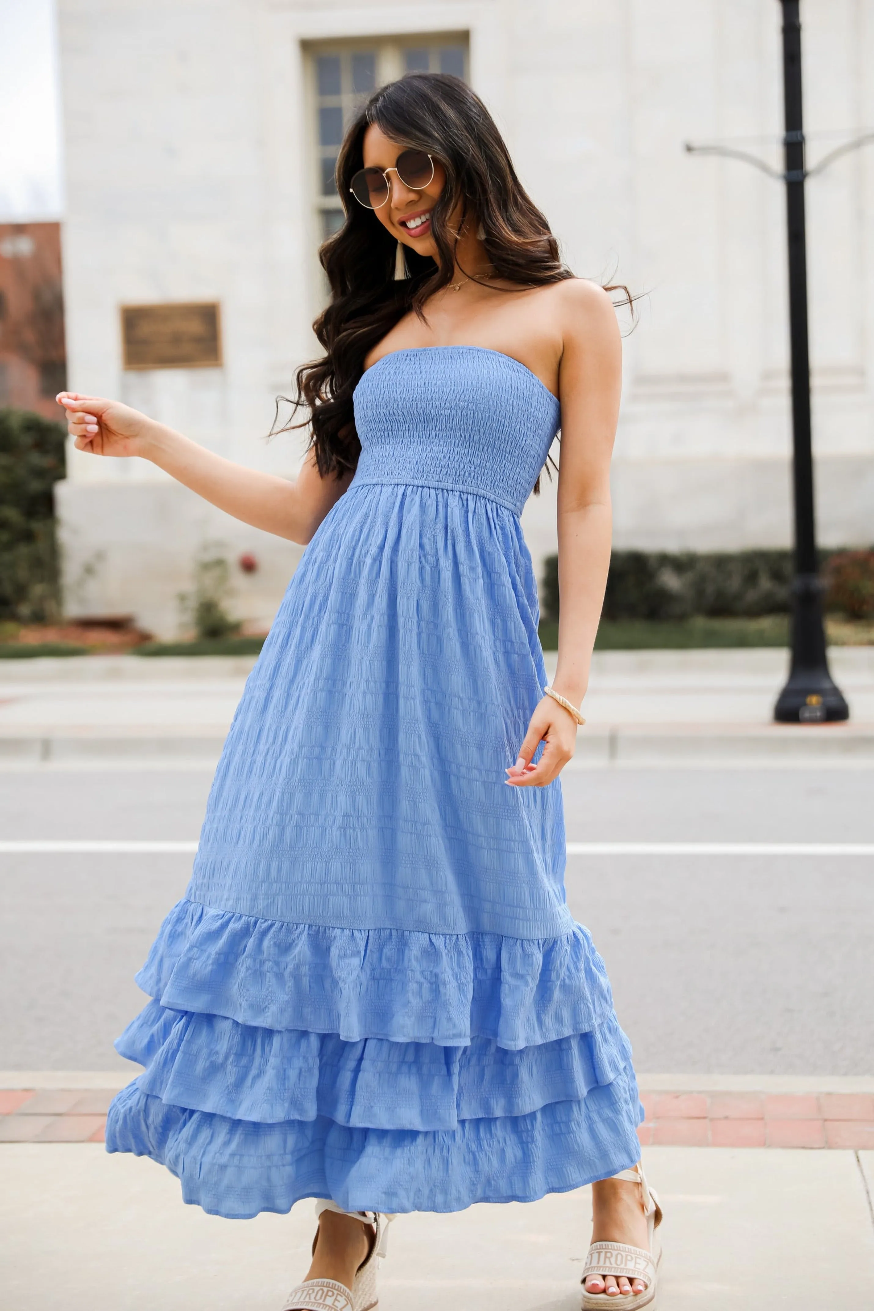 Sweetest Presence Blue Smocked Strapless Maxi Dress