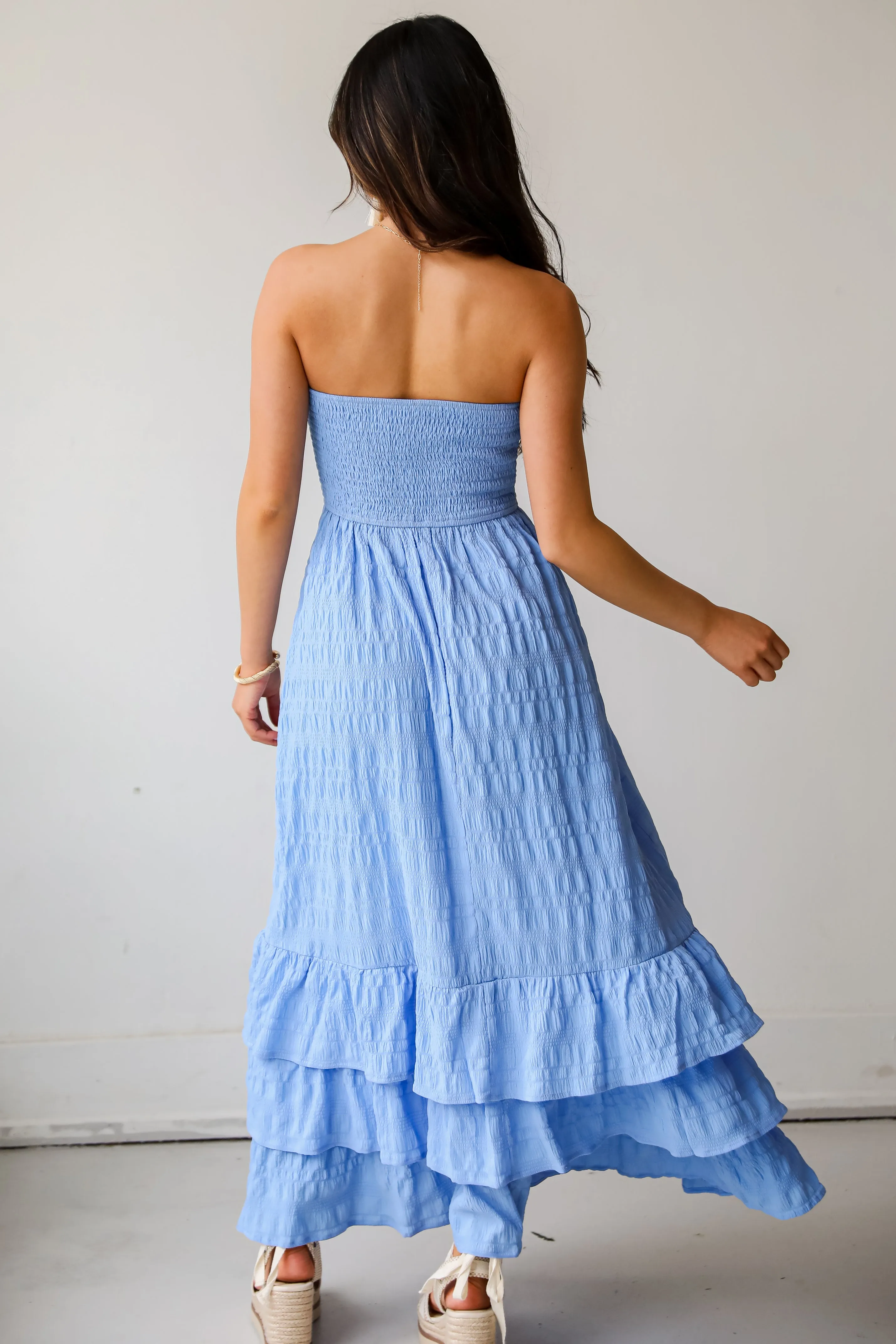 Sweetest Presence Blue Smocked Strapless Maxi Dress