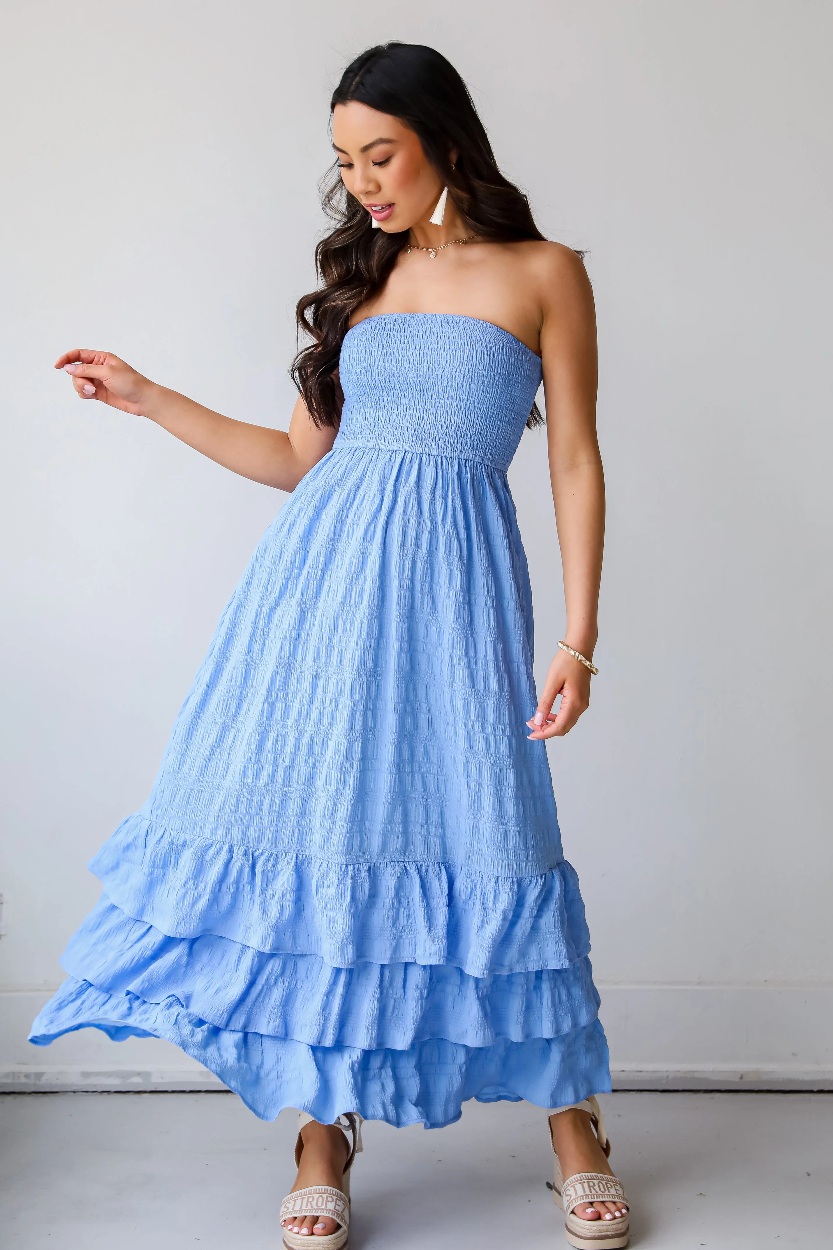 Sweetest Presence Blue Smocked Strapless Maxi Dress