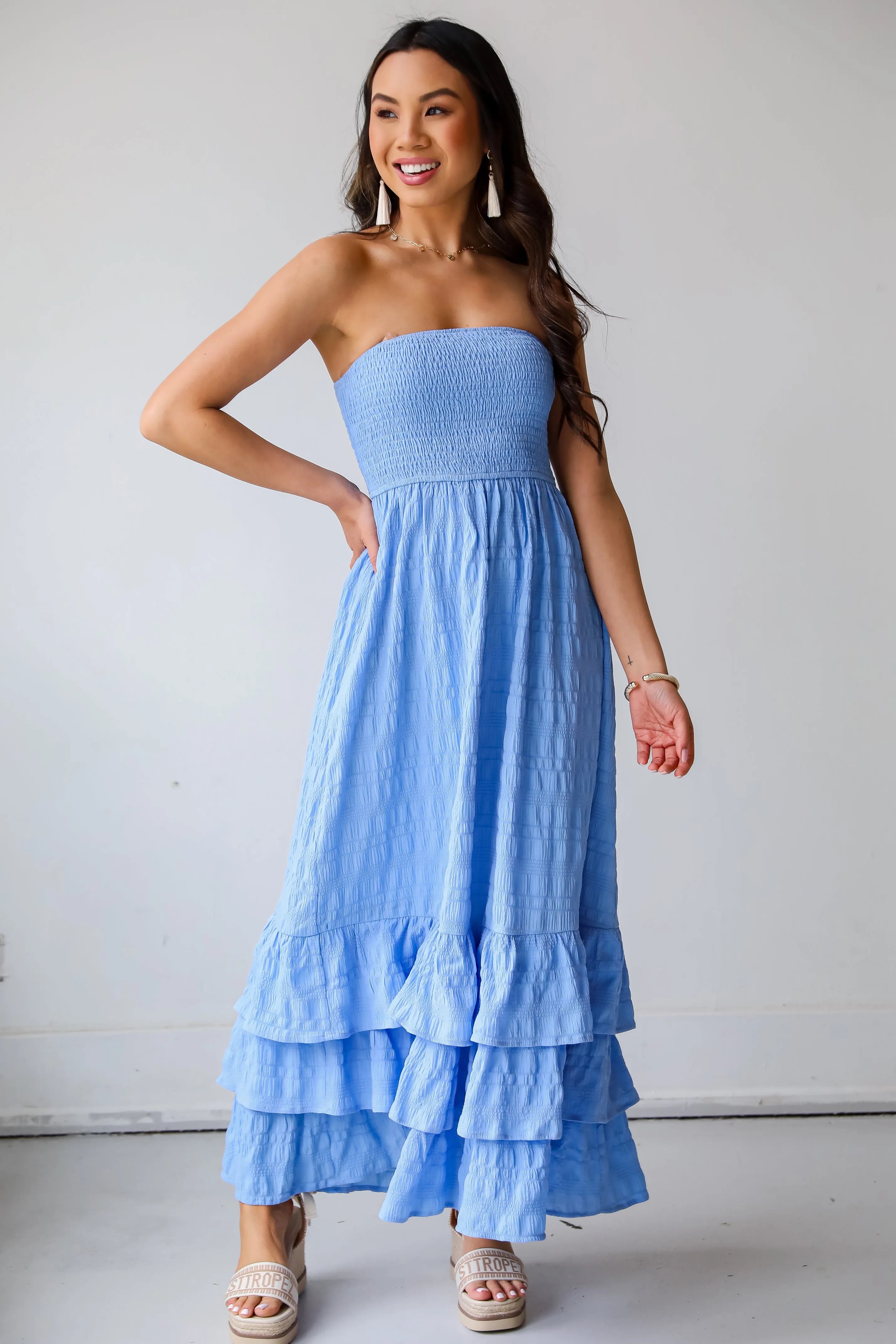 Sweetest Presence Blue Smocked Strapless Maxi Dress