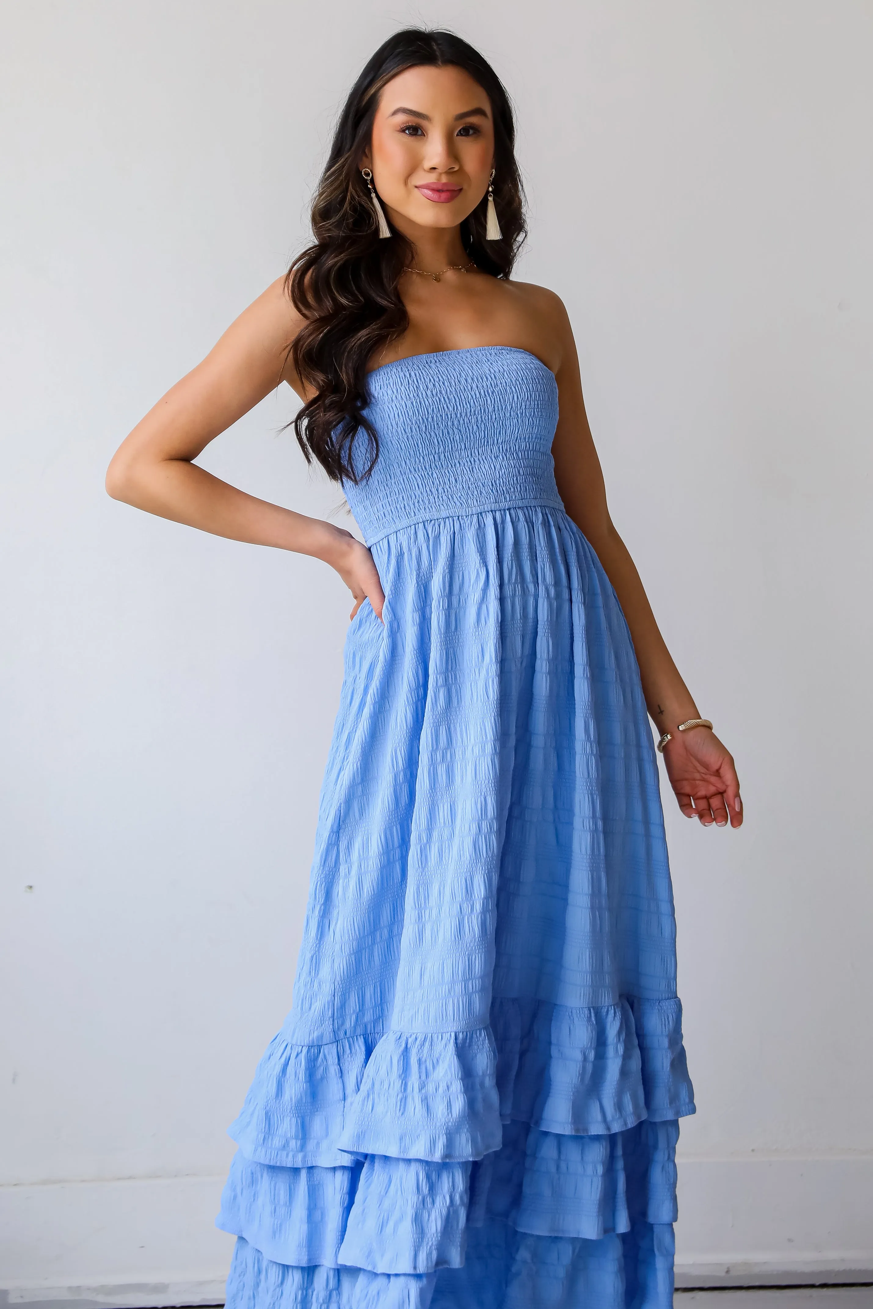 Sweetest Presence Blue Smocked Strapless Maxi Dress