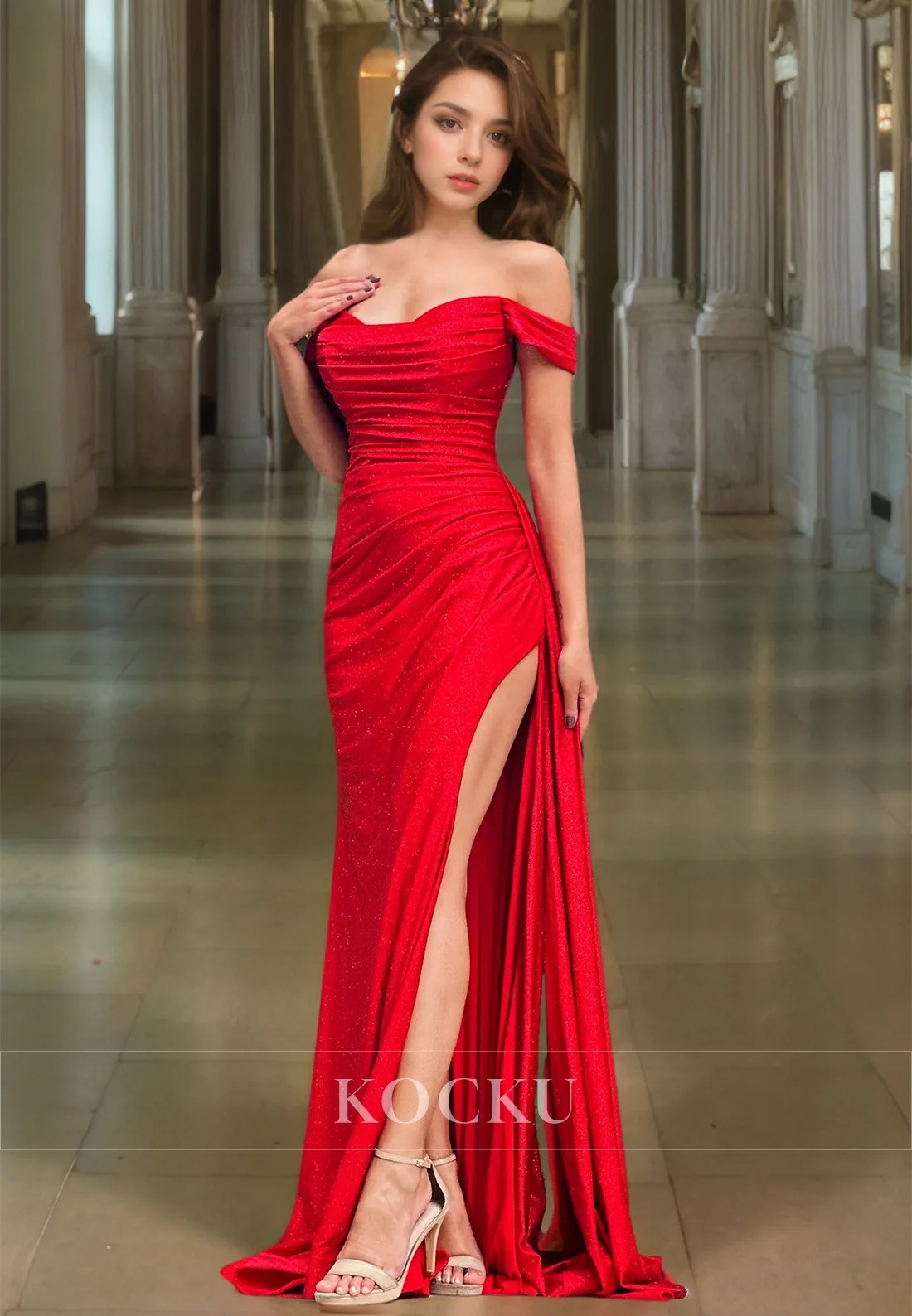 Sweetheart Sleeveless Pleated Glitter Knit Prom Dress Sweep Train High Slit Formal Gowns