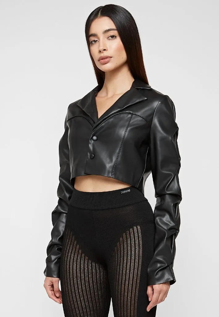 Tacked Leather Cropped Jacket - Black