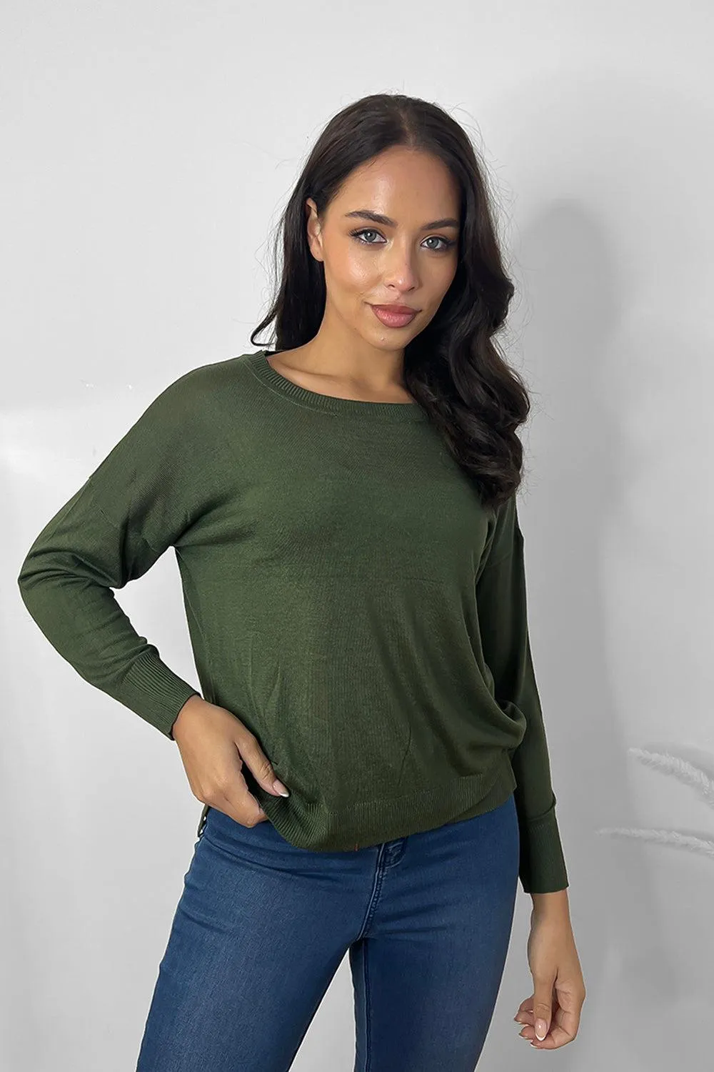 Thin Knit Ribbed Trims Classic Scoop Pullover