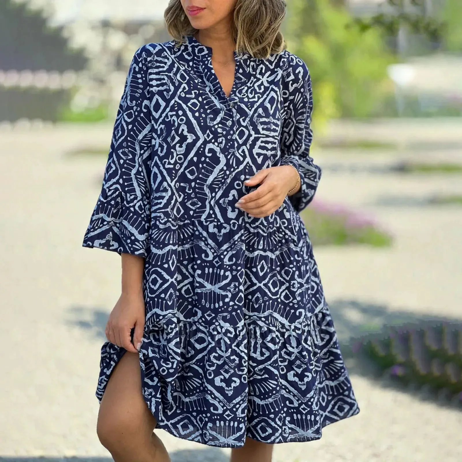 Three Quarter Horn A-line Patchwork Loose Hem Bohemian Midi Casual Boho Dress