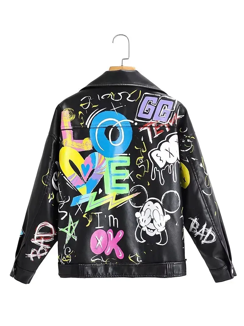 Trendy Print Graffiti Soft Punk Cropped Jacket