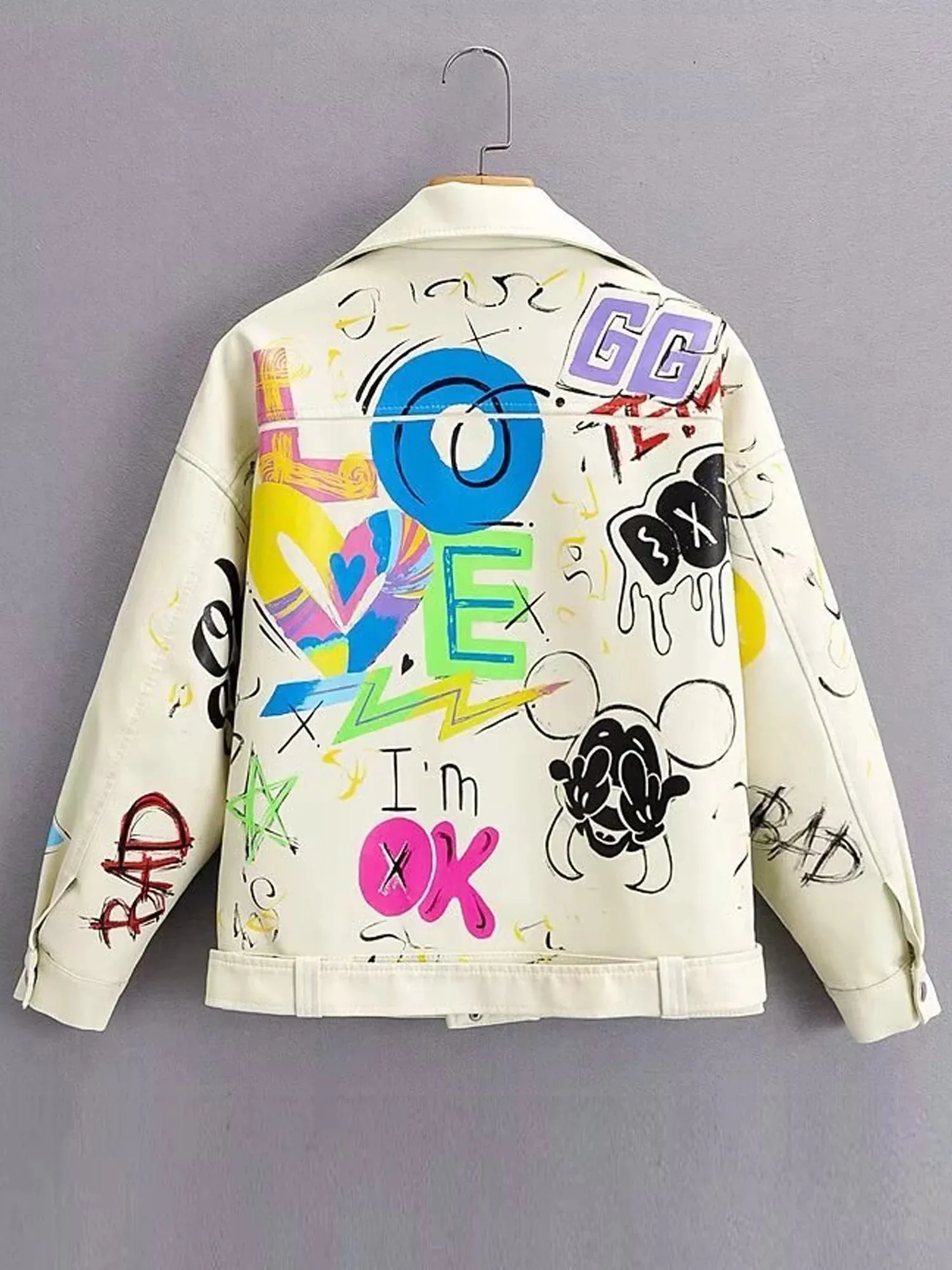 Trendy Print Graffiti Soft Punk Cropped Jacket