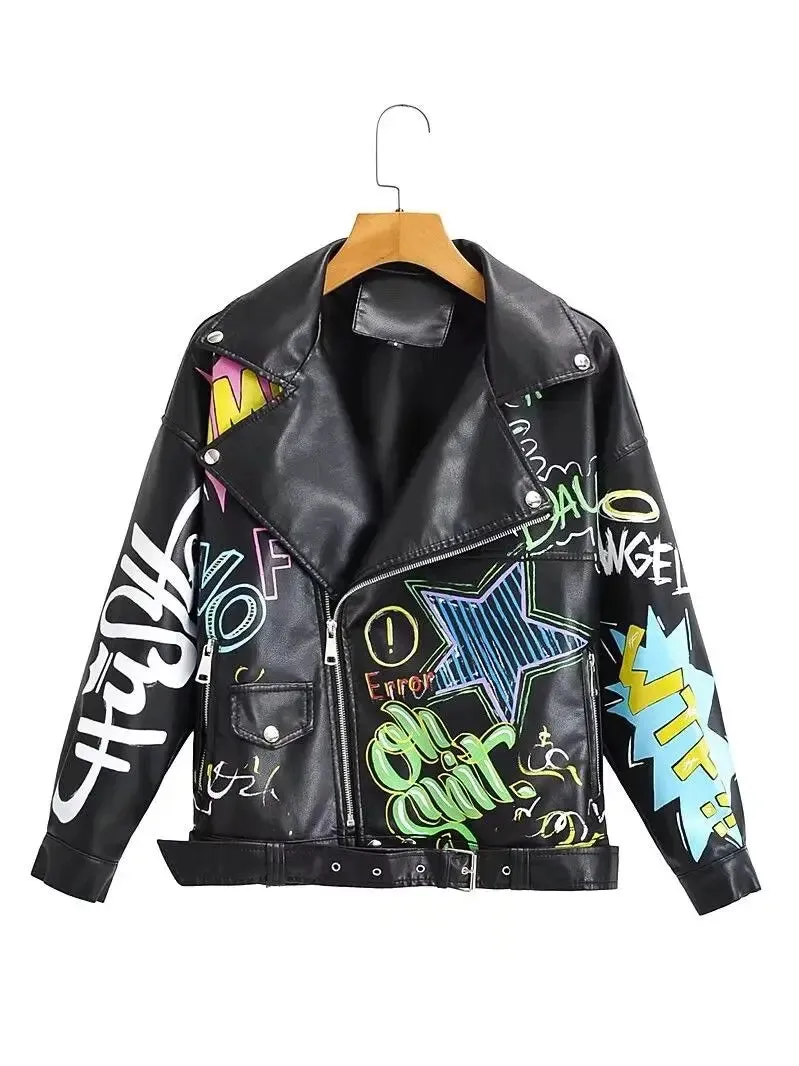 Trendy Print Graffiti Soft Punk Cropped Jacket