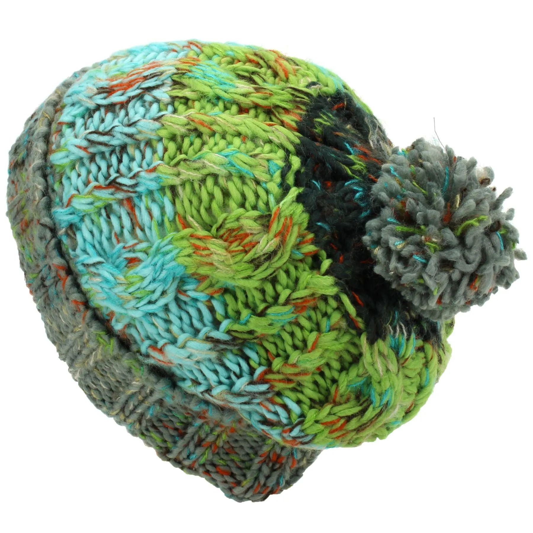 Two Tone Cable Knit Beanie Hat with Bobble - Green