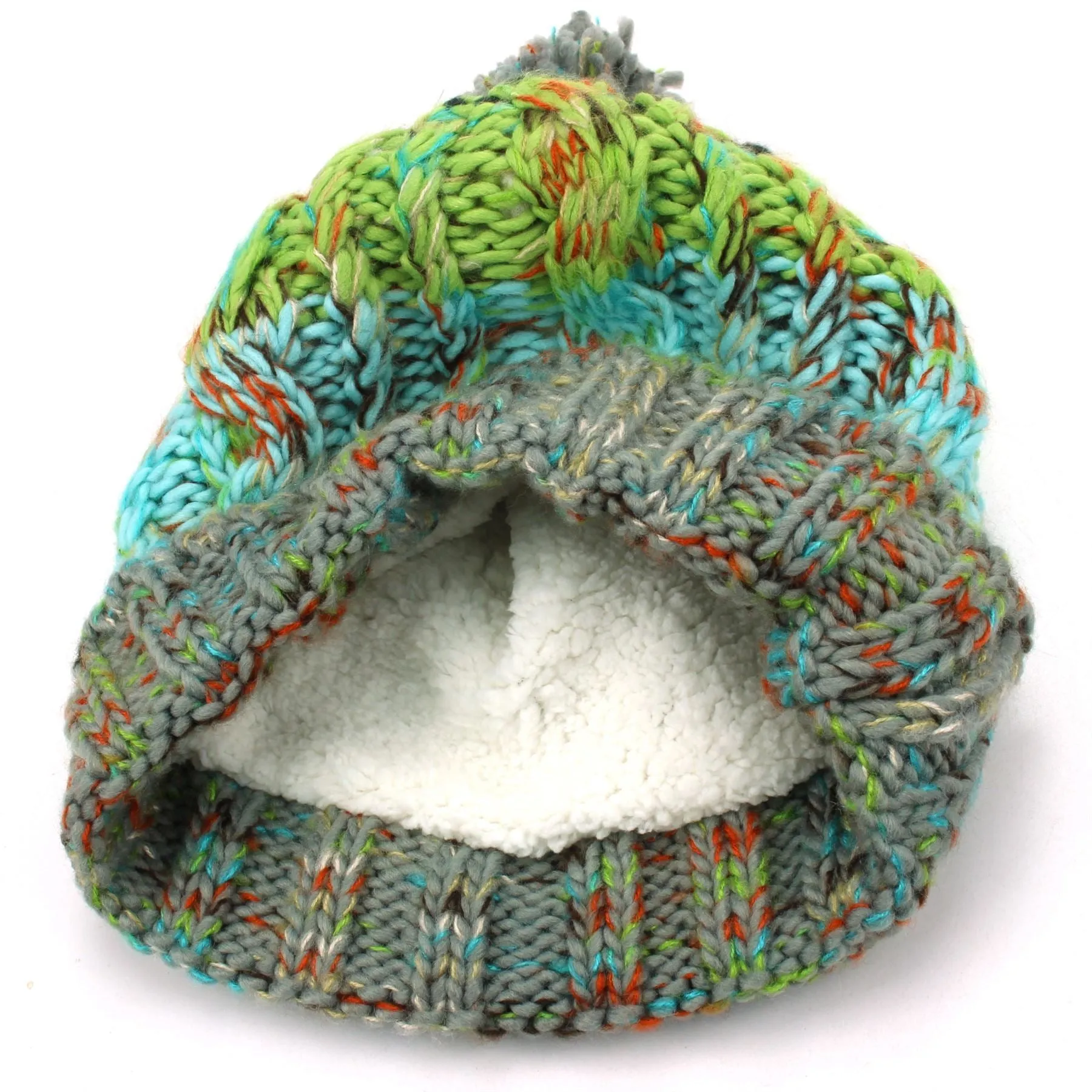 Two Tone Cable Knit Beanie Hat with Bobble - Green