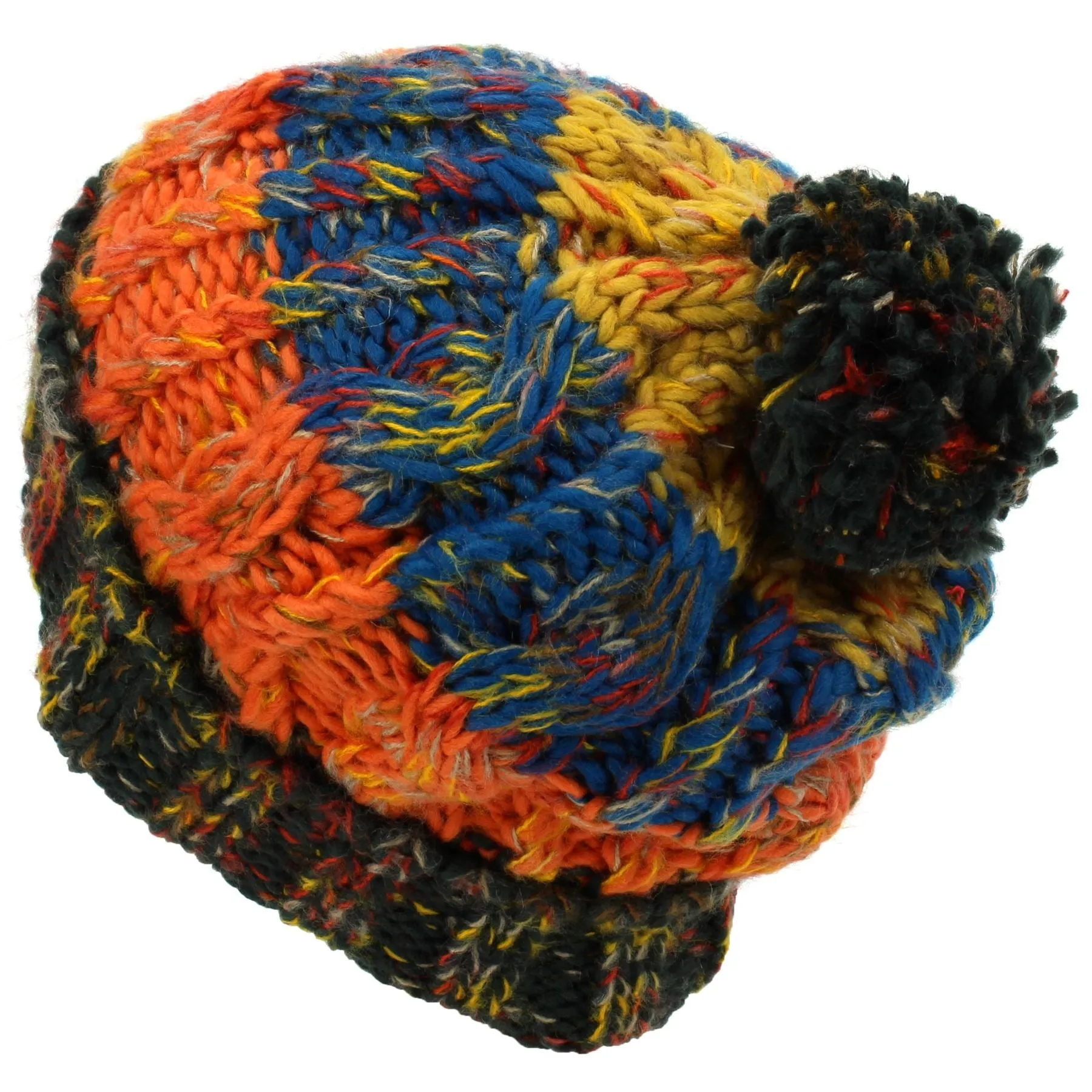 Two Tone Cable Knit Beanie Hat with Bobble - Orange