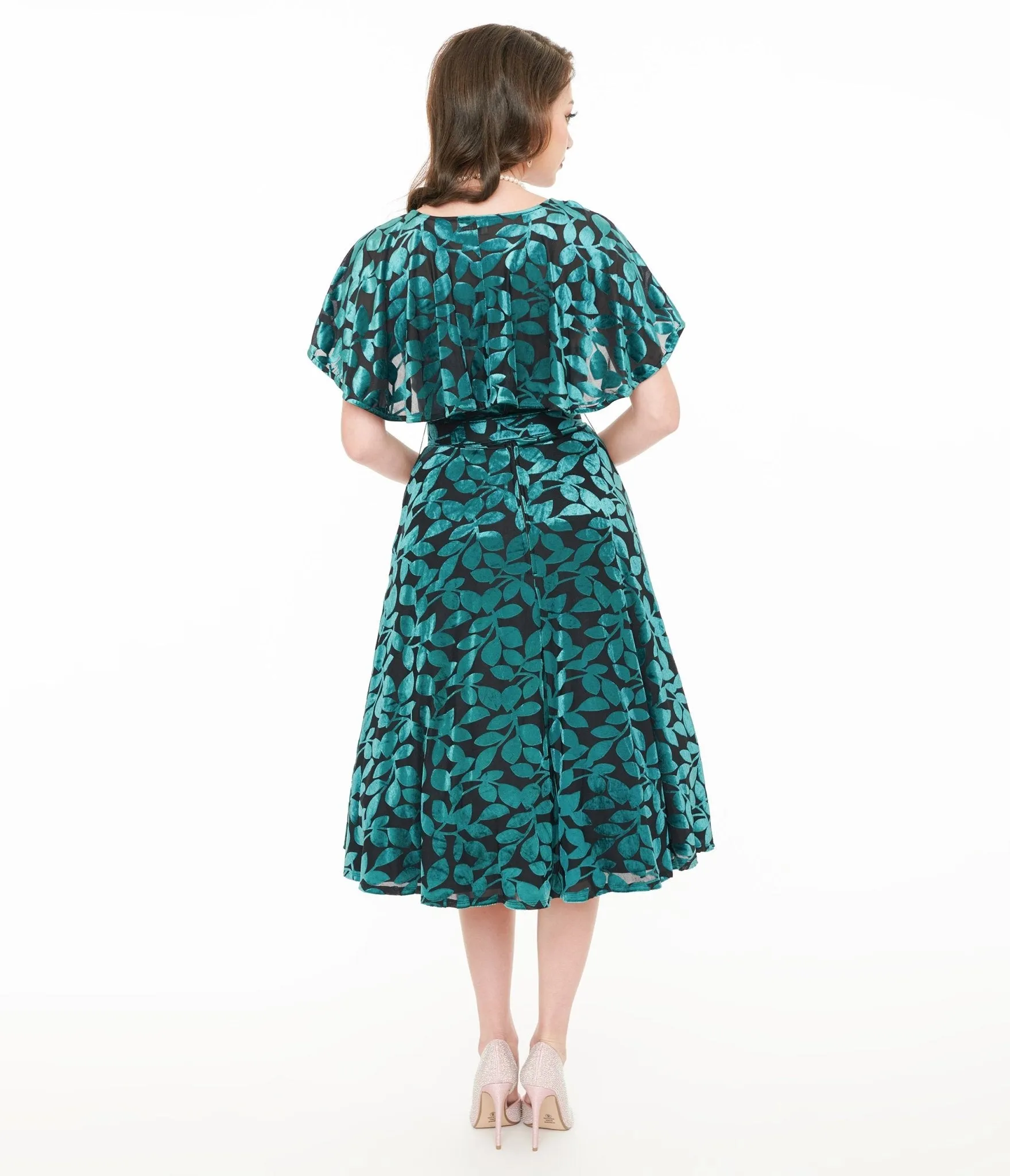 Unique Vintage 1950s Teal & Black Velvet Burnout Capelet Swing Dress