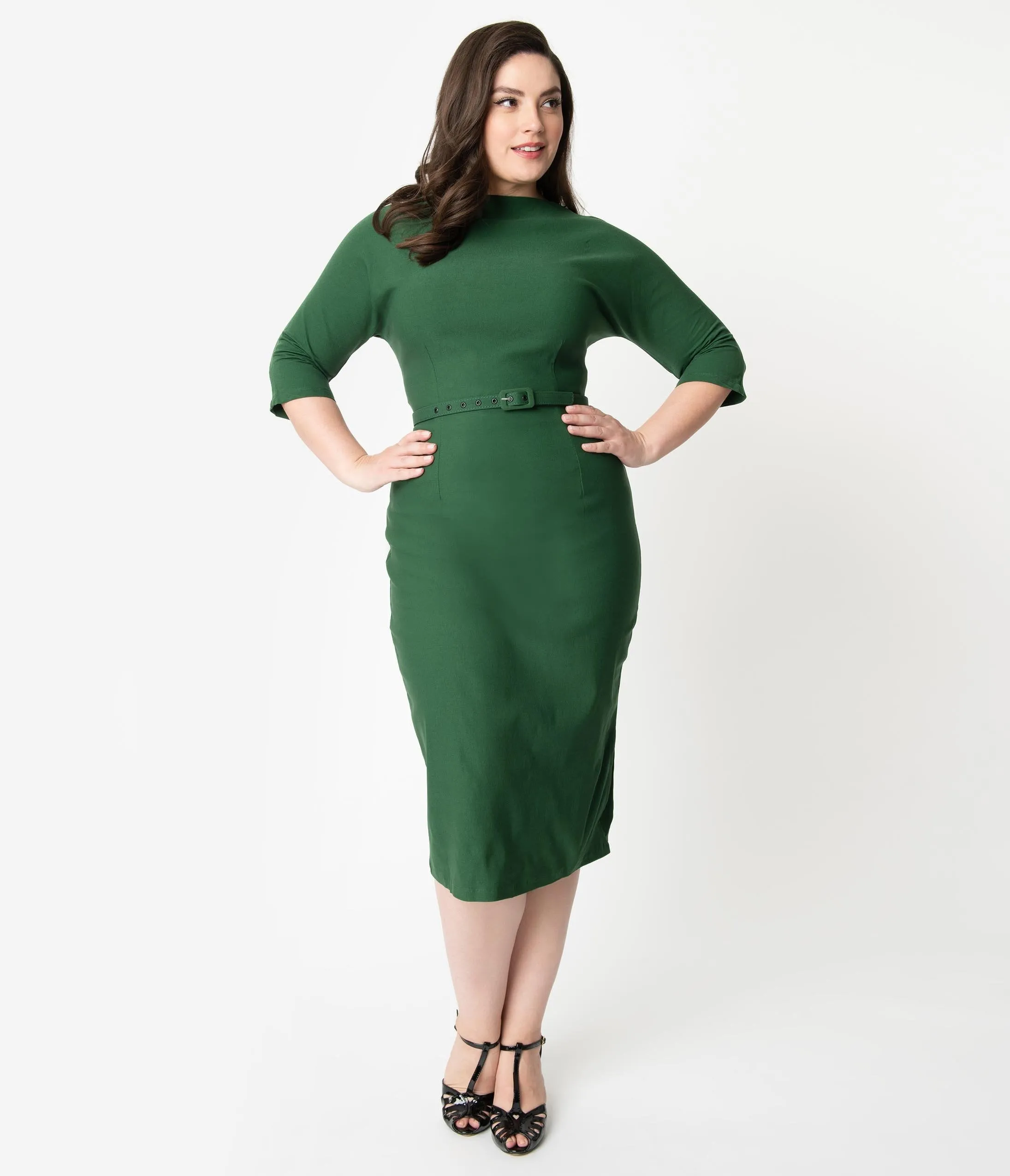 Unique Vintage Plus Size 1940s Style Green Stretch Sleeved Adelia Wiggle Dress