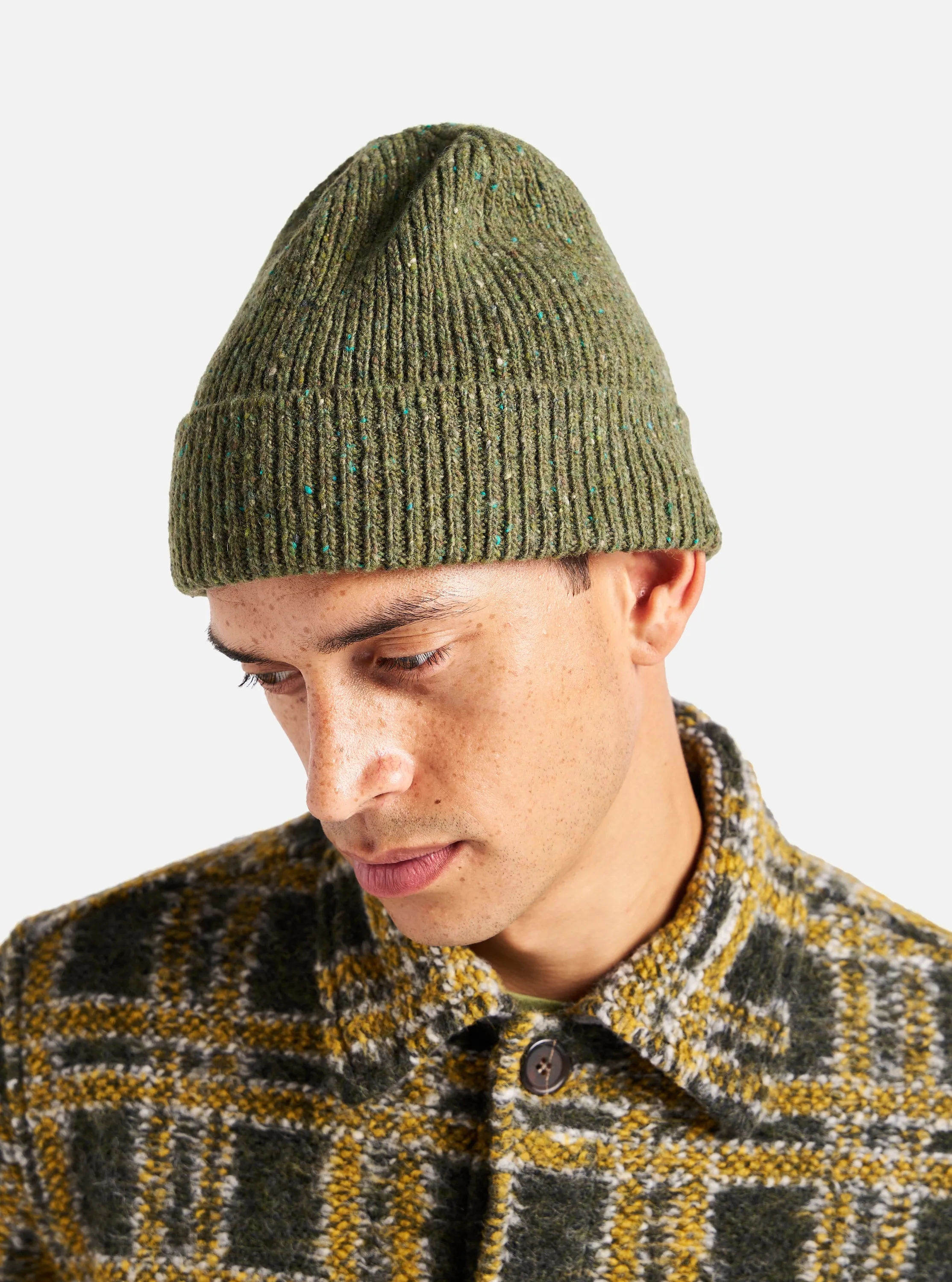 Universal Works Watch Cap in Green Tweed Knit