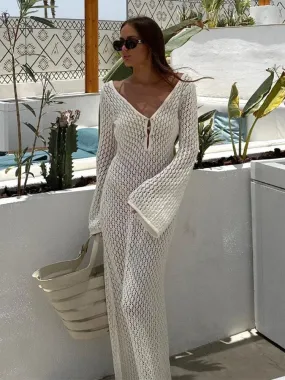 V Neck Flare Long Sleeve Maxi Dress White Green Beach Vacation Hollow Knit See Through Sexy Long Dresses C81-DH55