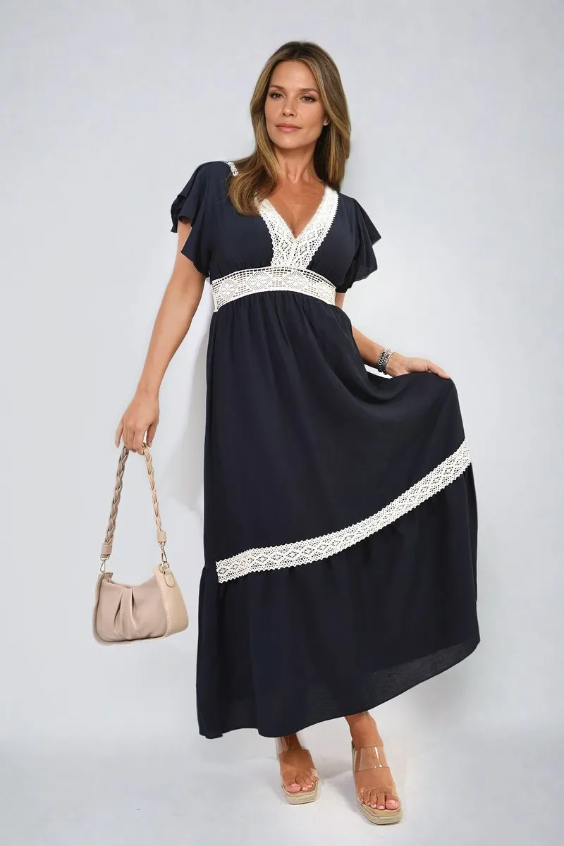 V-neck Lace Trim Maxi Dress