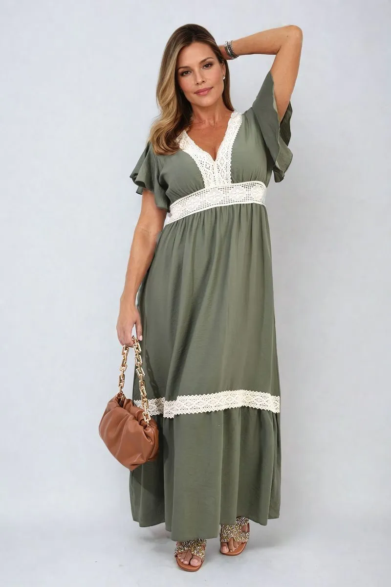 V-neck Lace Trim Maxi Dress