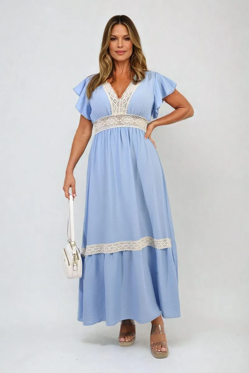 V-neck Lace Trim Maxi Dress