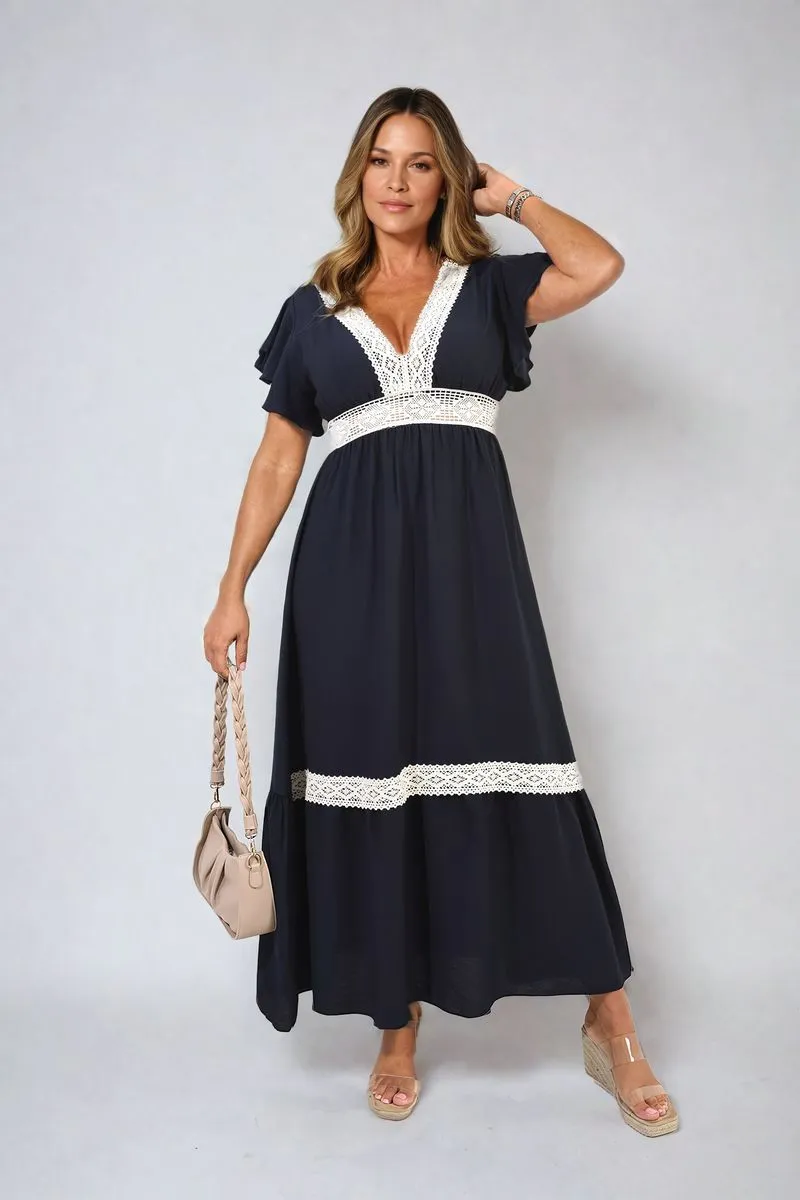 V-neck Lace Trim Maxi Dress