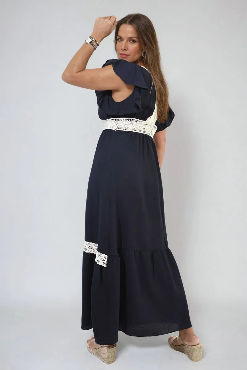 V-neck Lace Trim Maxi Dress